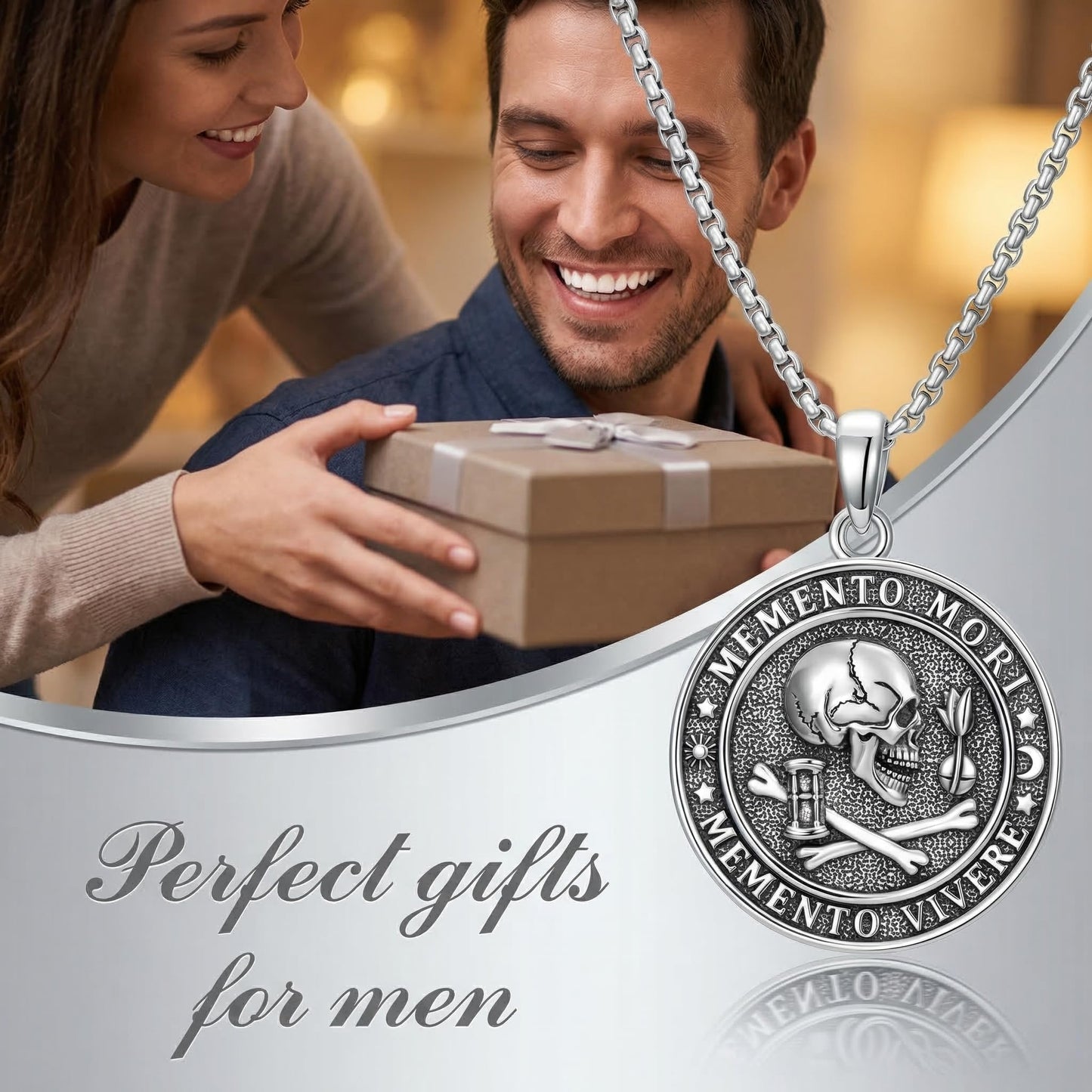 POIUY Memento Mori Necklace for Men Gothic Skull Pendant Stoicism Mori Jewelry Tree of Life Amulet Protection Gifts for Men Women 22+2 Inch Chain