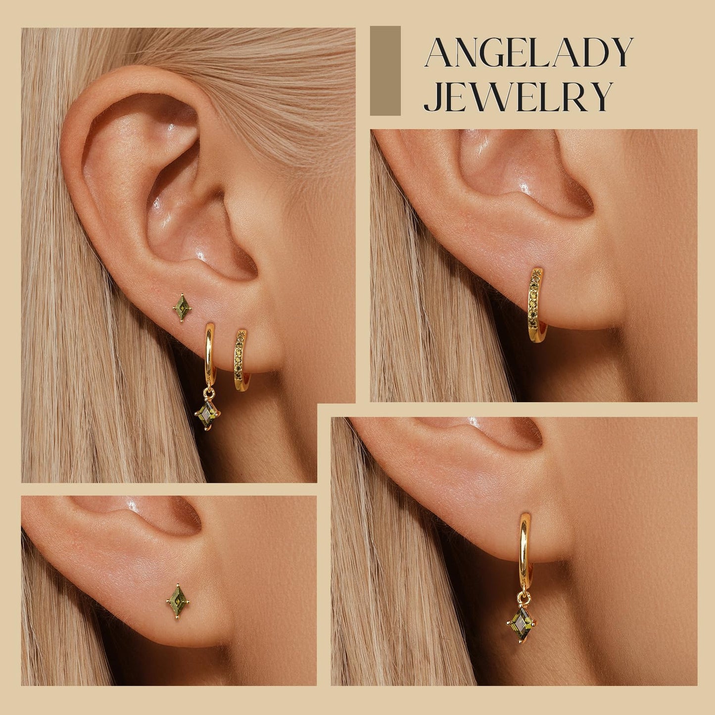 Angelady Gold Hoop Earrings Set for Women, Dainty 14K Gold Plated Green Huggies Earring, Hypoallergenic Dangle Cartilage Hoop Earring Stacks, Olive Green Earrings Trendy Jewelry Gifts