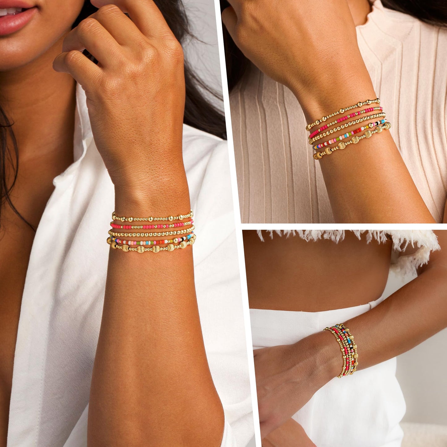 Turandoss Mothers Day Gifts 5PCS Gold Beaded Bracelets for Women - Dainty 14K Gold Plated Bead Ball Bracelets for Women Colorful Beaded Stretch Bracelet Mothers Day Gifts for Mom Daughters