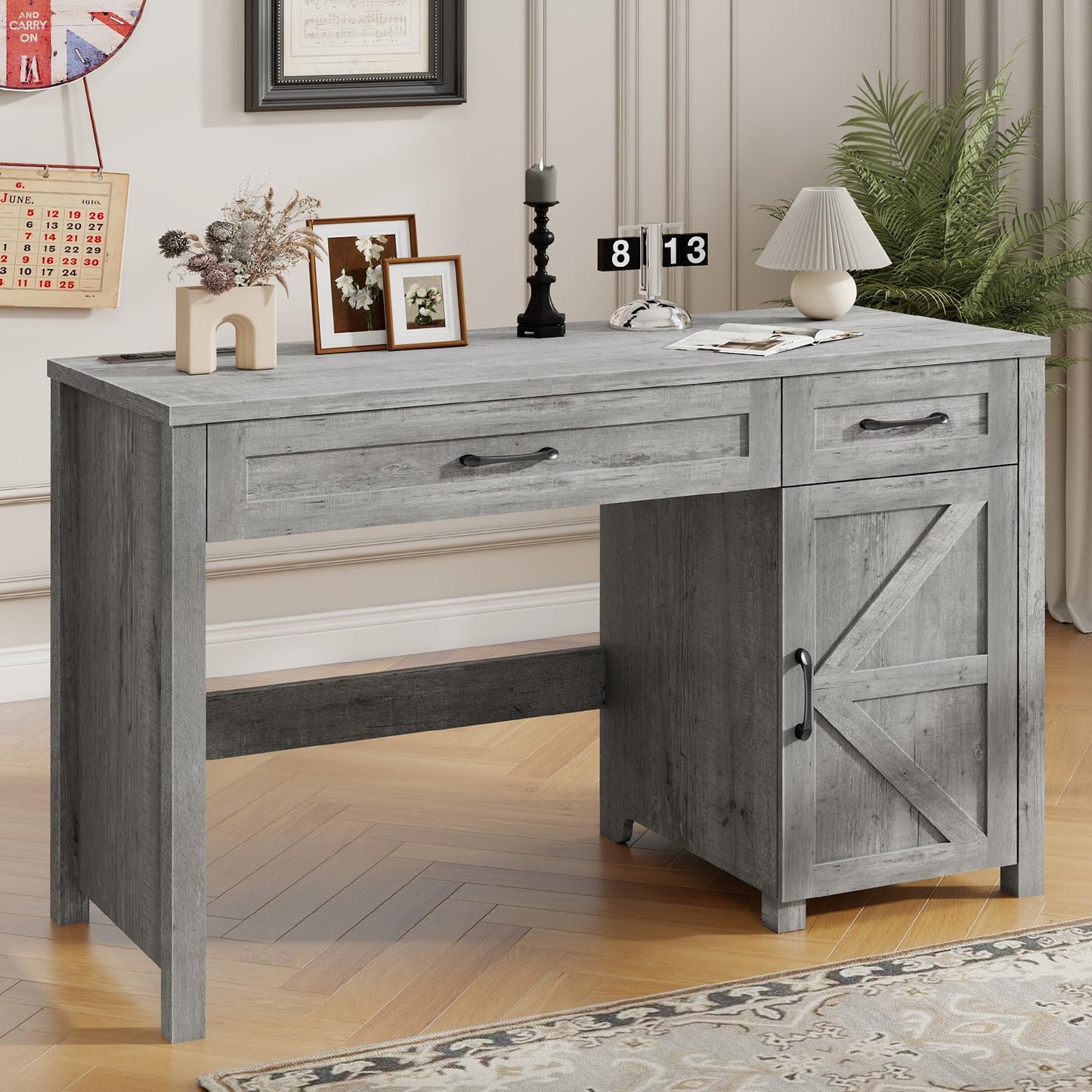 Befrases Farmhouse 47" Executive Desk, Computer Desk with Drawers and Storage Cabinet, Workstation for Home Office and Study.(Grey)