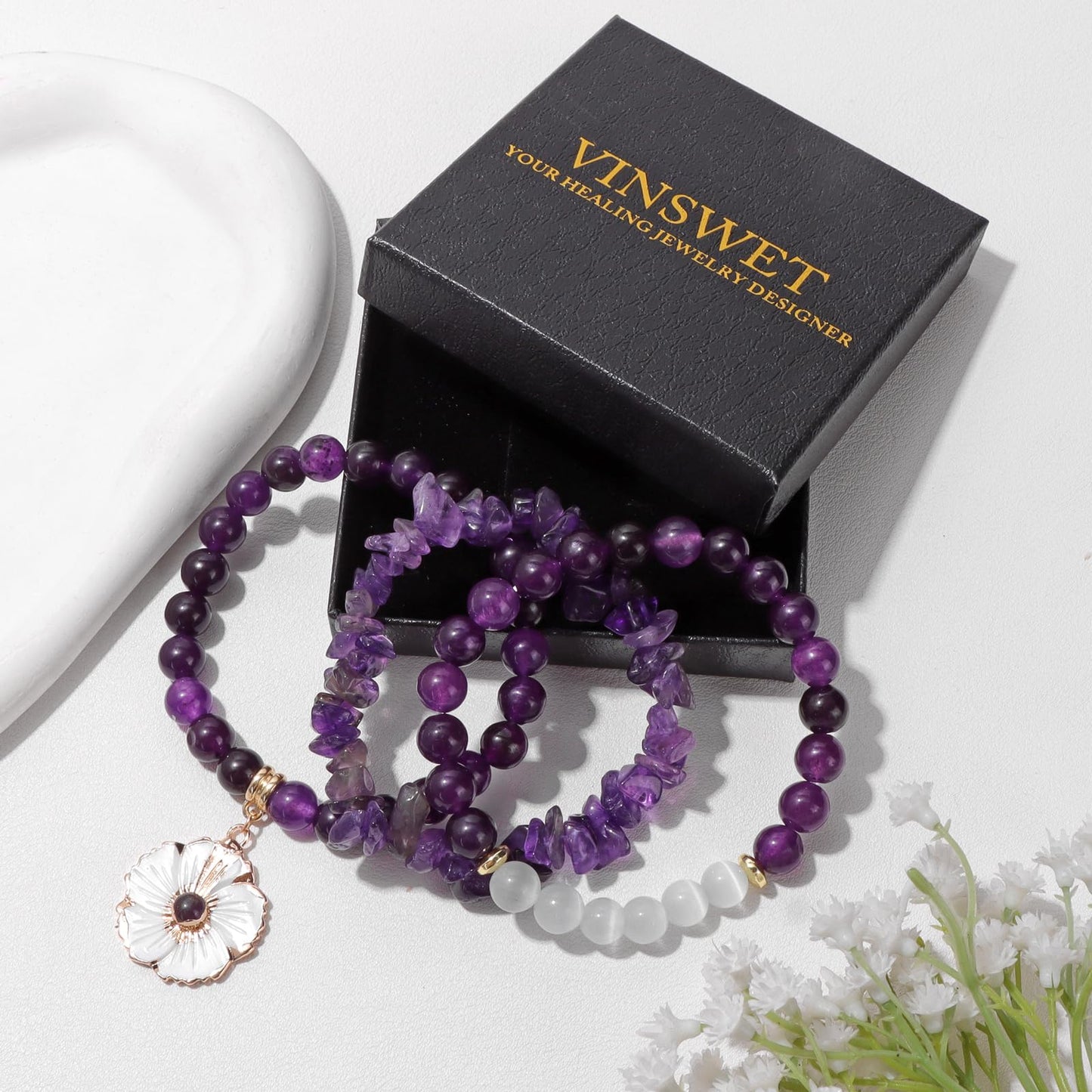 Vinswet Healing Crystal Beaded Bracelets for Women,Natural Amethyst Gemstones Bracelet,Anxiety Stress Relief Heart Charm Bracelet Handmade purple Jewelry Gifts for Women (Amethyst&Flower)