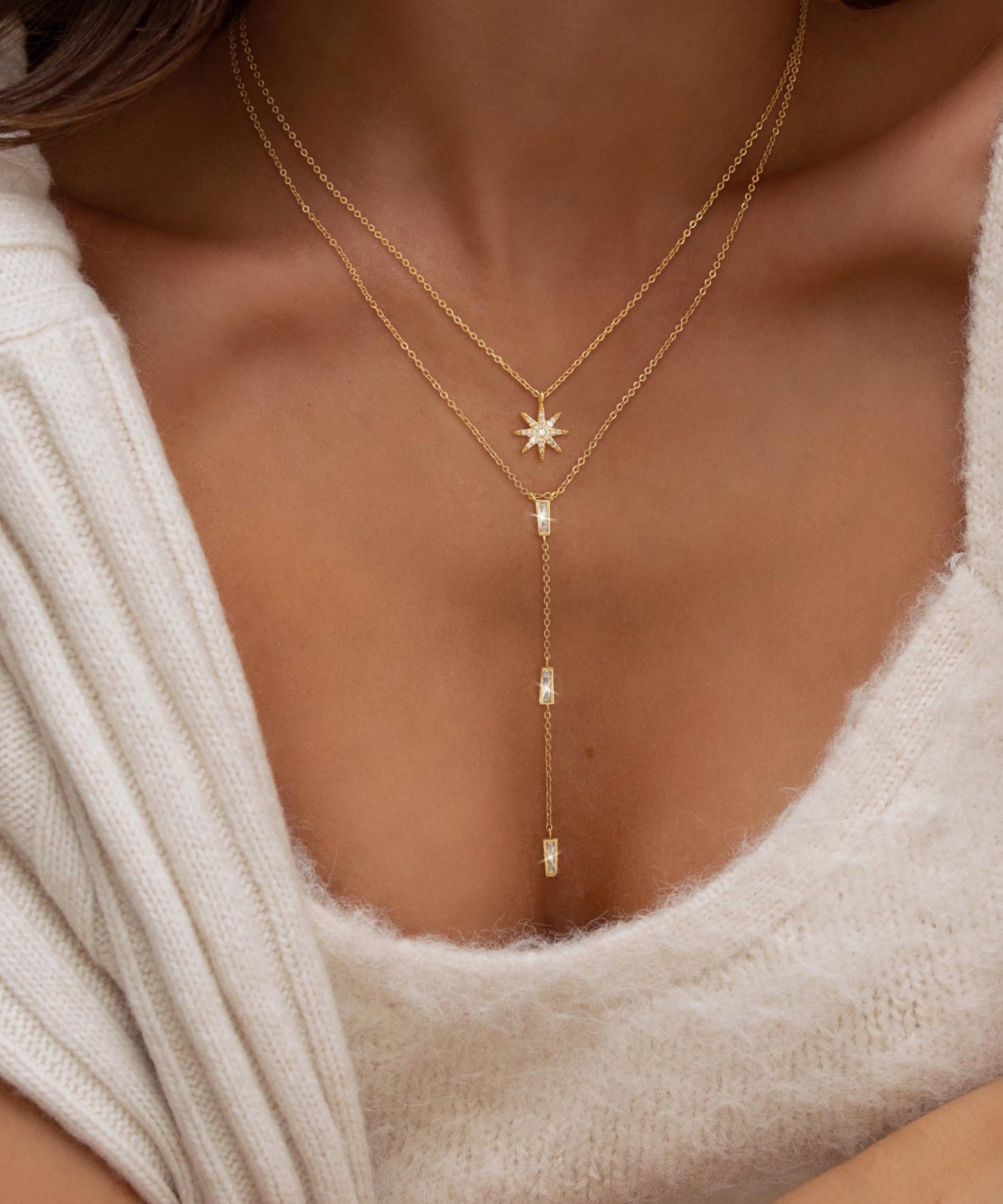 CHESKY 14K Gold Plated Long Necklace for Women North Star Layered Y Necklace Dainty Star Pendant Drop Stackble Necklace Trendy Jewelry