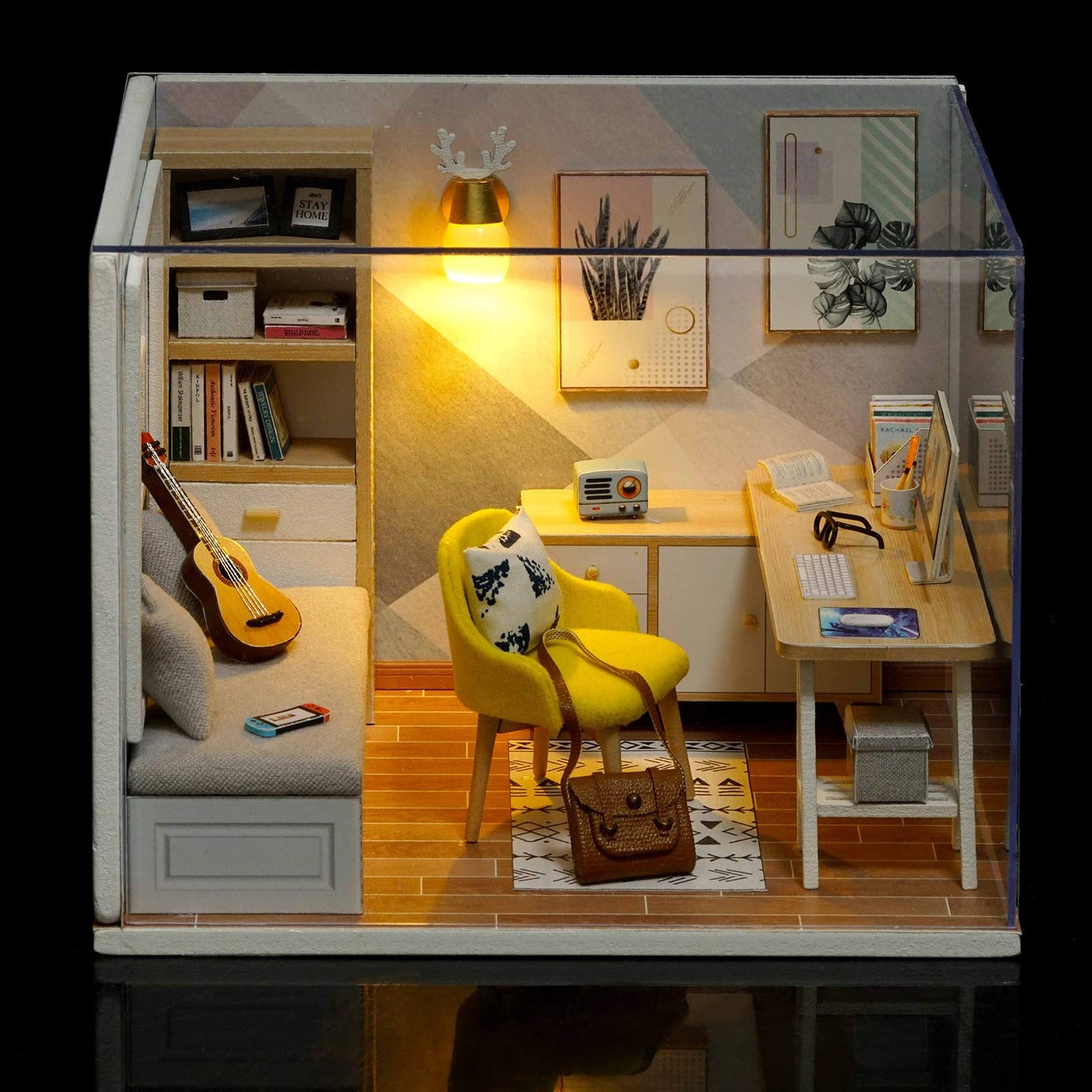 piberagi DIY Miniature Dollhouse Kit, 1:32 Scale Creative Room Mini Wooden Doll House with Furniture Plus Dust Proof for Kids Teens Adults(Study Room)