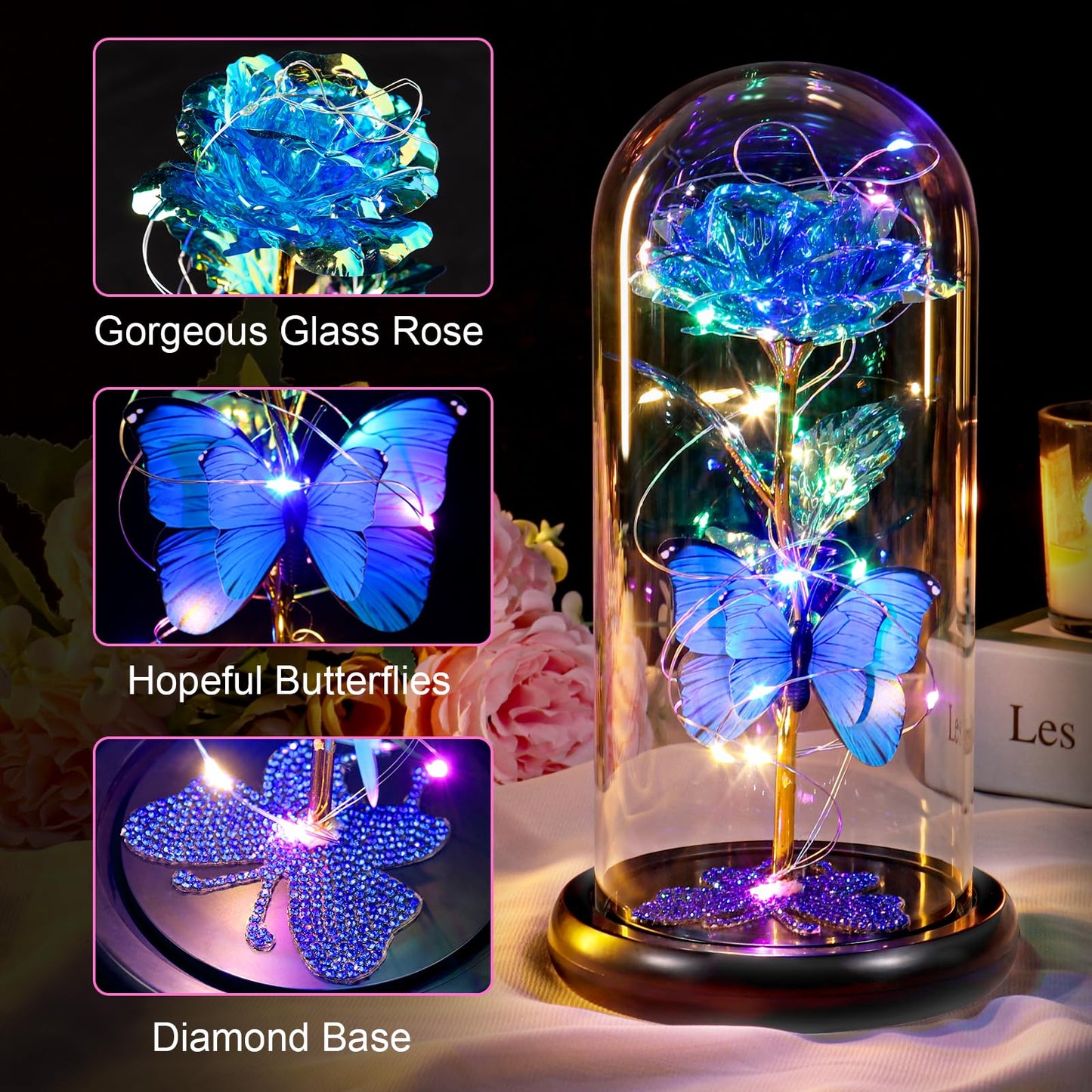DEEMEI Mothers Day Birthday Gift for Mom from Daughter Son Blue Rose Eternal Flower Light Up Rose in Glass Dome with Butterfly, Mother's Flowers Gifts for Mom Women Wife Grandma Delivery Prime