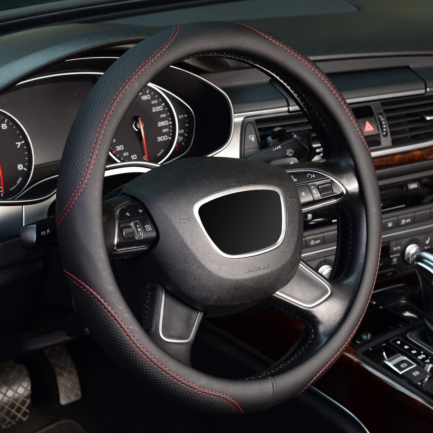 KAFEEK Steering Wheel Cover, Universal 15 inch, Microfiber Leather, Anti-Slip, Odorless, Black Lines