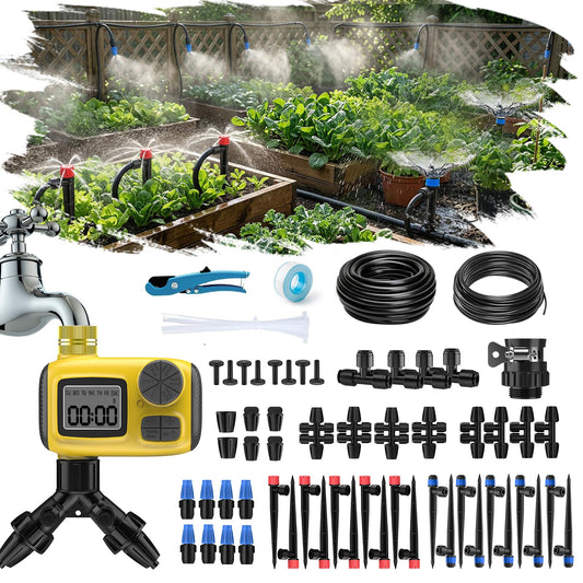 165FT Drip Irrigation System with Timer, Automatic DIY Garden Watering Kit with 1/2" & 1/4" Tubing, Solid Brass Connectors & Adjustable Sprayers for Plants, Garden, Lawn, Greenhouse, Raised Beds