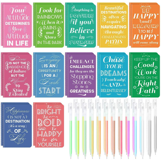 24 Pcs Mini Inspirational Notebooks Bulk with 24 Pcs Colorful Pens, Small Pocket Journal Notepads Set, Motivational Bulk Gifts for Women Men Teacher Student, Fun Mother's Day Gift Bulks, 3.5" x 5.5"