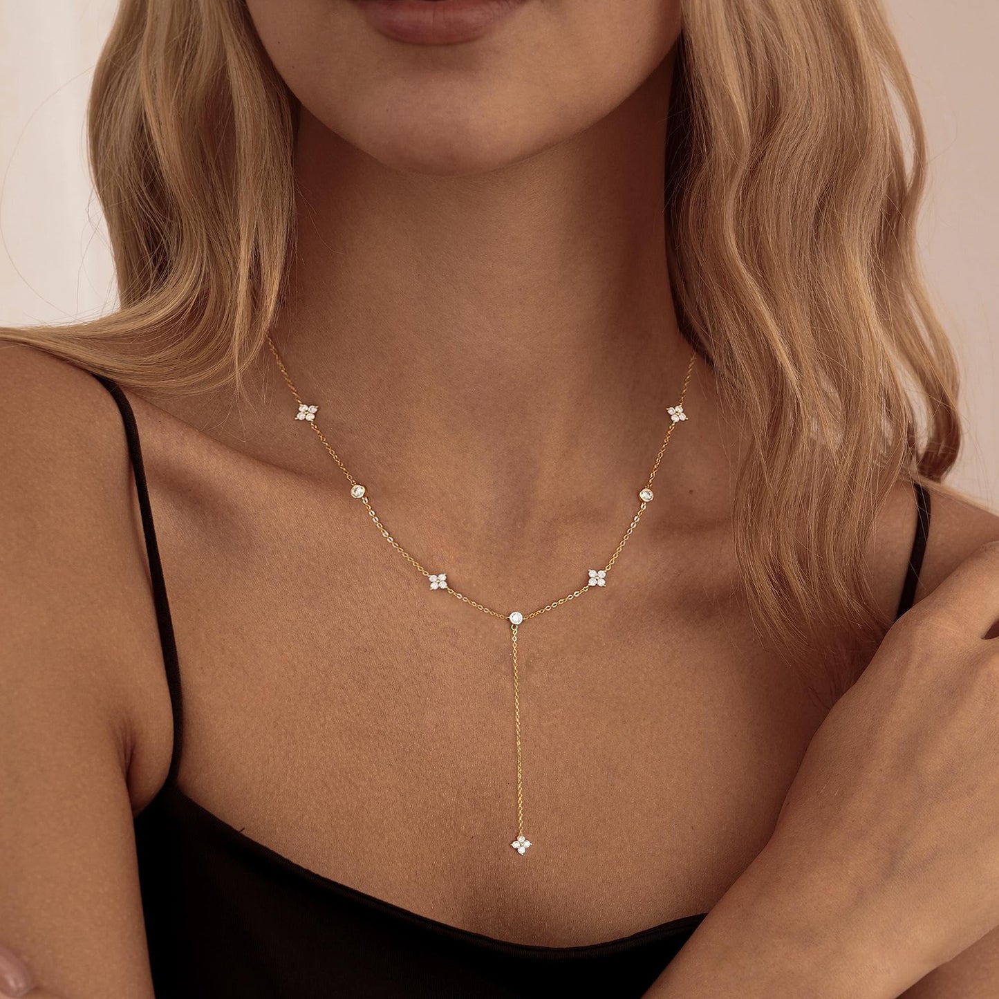 HLJEO Long Necklaces For Women, Dainty Gold Necklace 14K Gold Plated Long Clover Lariat Necklace Simple Gold Necklaces for Women Trendy Statement Prom Drop Necklace Summer Body Chain Prom Jewelry