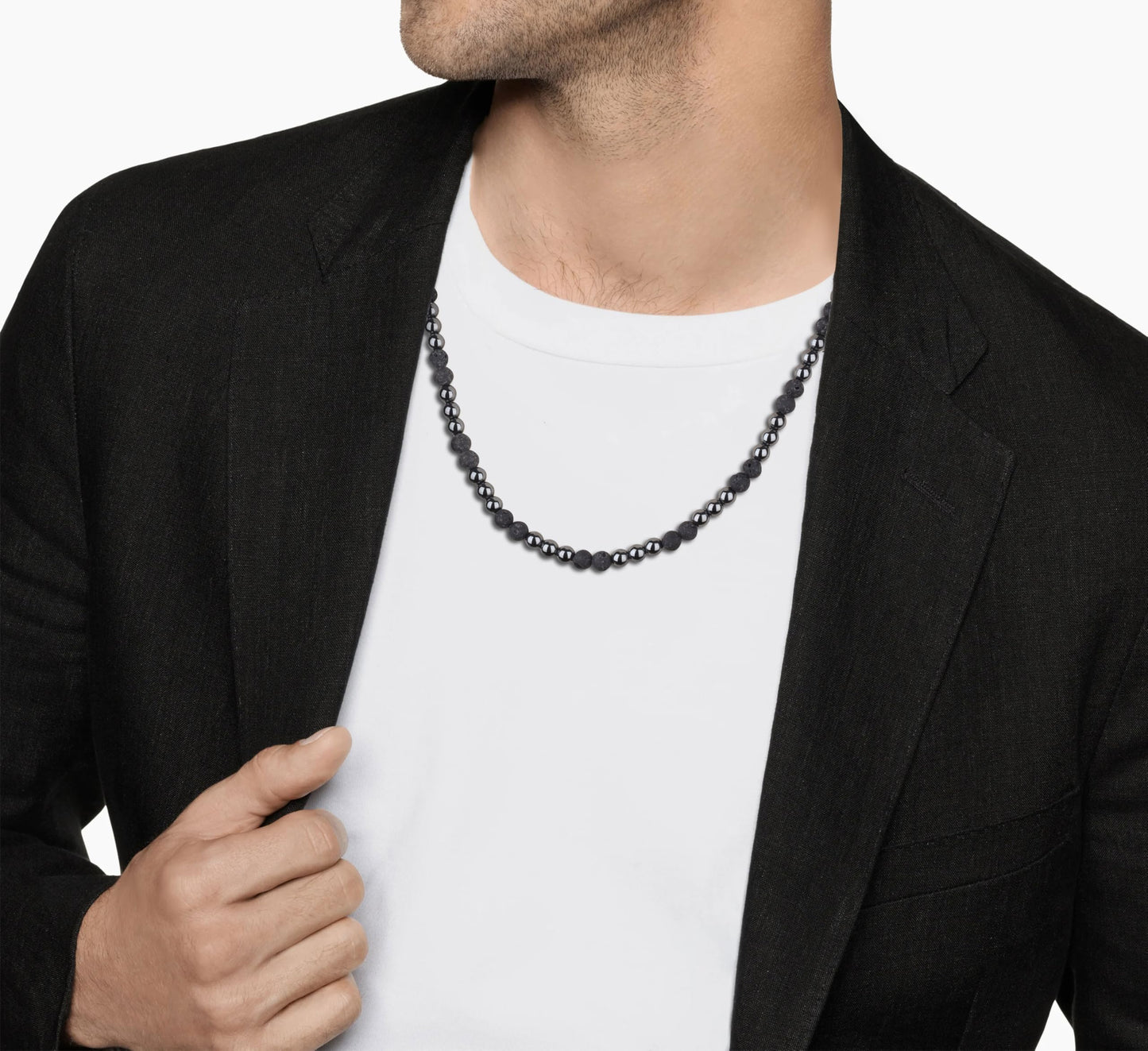 GAVU Men's Crystal Lava Hematite Beaded Black Stone Necklace 24"