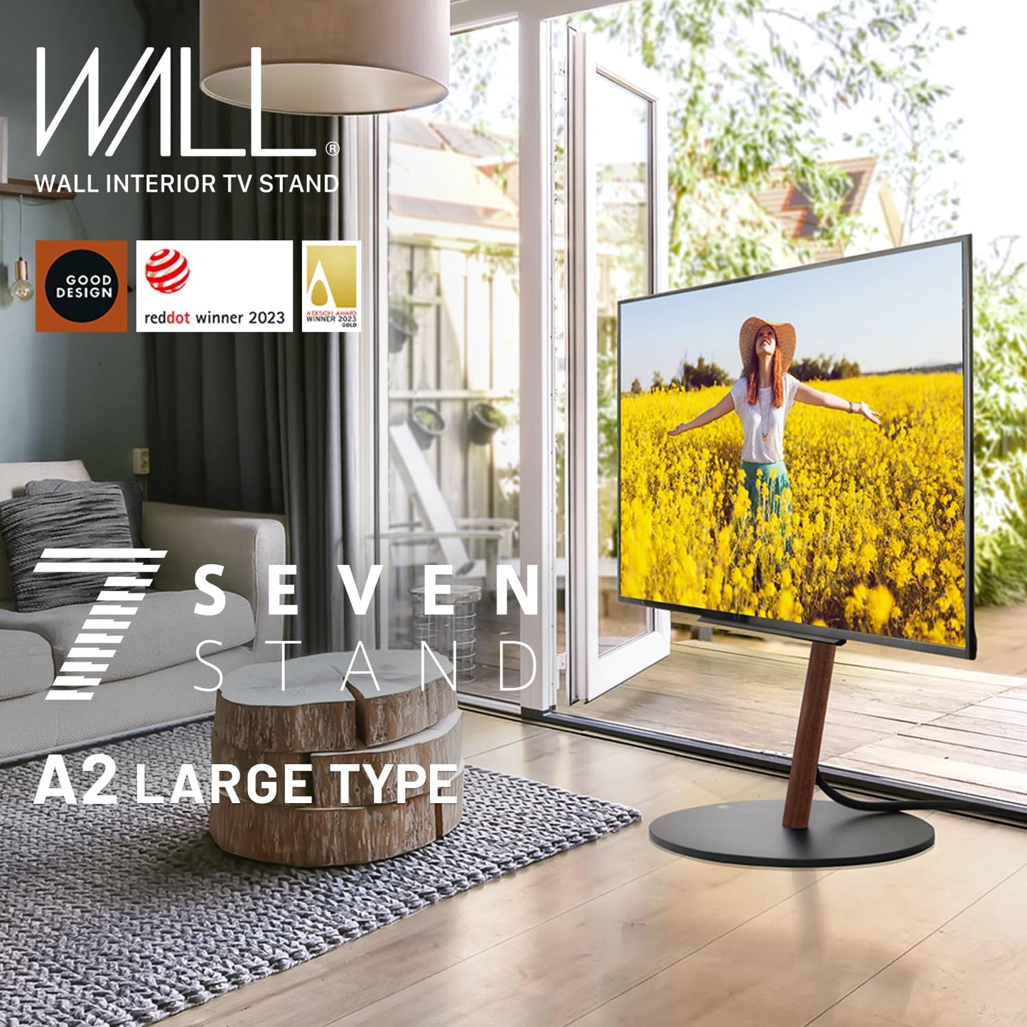 WALL Seven Stand A2 Large | Rolling TV Stand for 45–80" w/ 37.4" Soundbar Shelf | Walnut | Portable TV Stand with Shelf | Height Adjustable, Space Saving, for Living Room and Bedroom