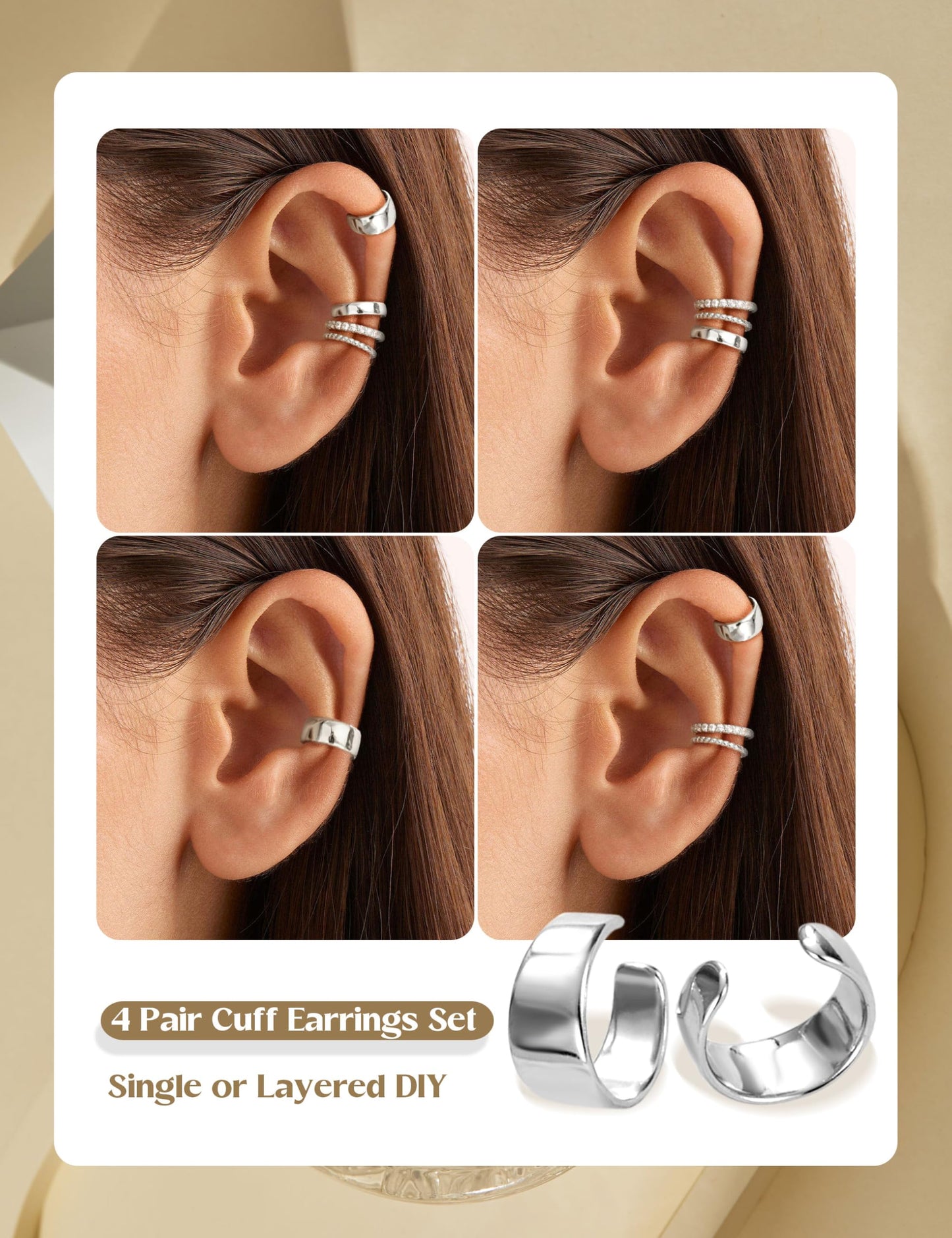LOLIAS 4 Pairs Ear Cuffs Non Piercing - White Gold Plated Ear Cuff Earrings for Women Ear Cuff for Non Pierced Ears Clip on Cartilage Earring Chunky Adjustable Fake Earrings Set