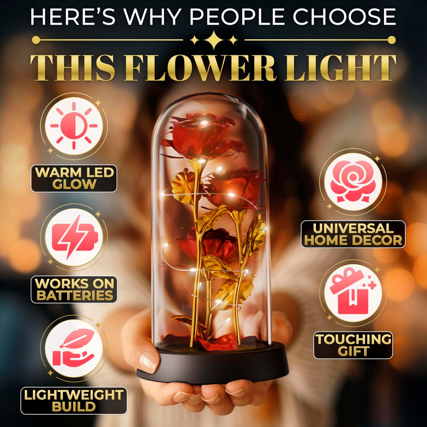 Kotko LED Light Up Rose in Glass Dome in Gift Box for Mom & Grandma, Birthday Gifts for Women, Romantic Forever Flowers — Lighted Rose Lamp, Battery Powered Home Decor (Red)