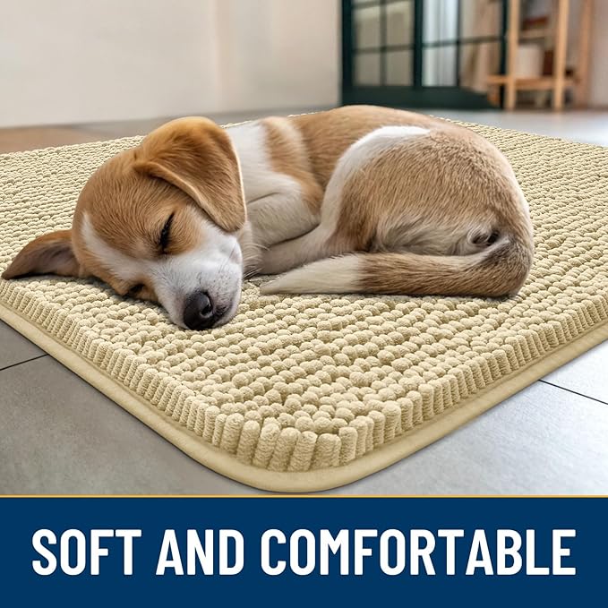 Smiry Dog Door Mat for Muddy Paws 48x30, Absorbs Moisture and Dirt Doormat, Non-Slip Washable Quick Dry Chenille Front Door Mat Indoor Entrance, Entryway Carpet for Inside Floor, Cream White
