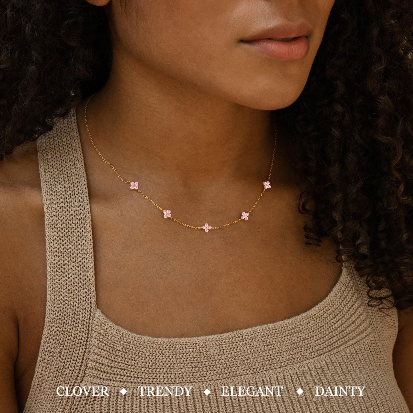 ZHESHY Birthstone Gold Necklace for Women Dainty Non Tarnish 14K Gold Plated Clover Necklaces Pink CZ Station Choker Necklace Birthday Gifts Womens Gold Jewelry