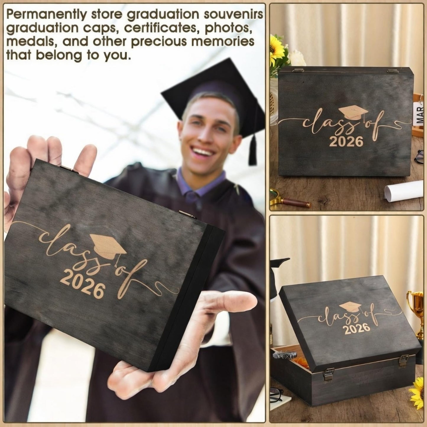 Geelin Graduation Keepsake Wooden Box Class of 2026 Graduation Cap Large Keepsake Box Graduate Wooden Engraving Memento Case for High School College Memory Gifts 13 x 10.5X 5inch(Black)