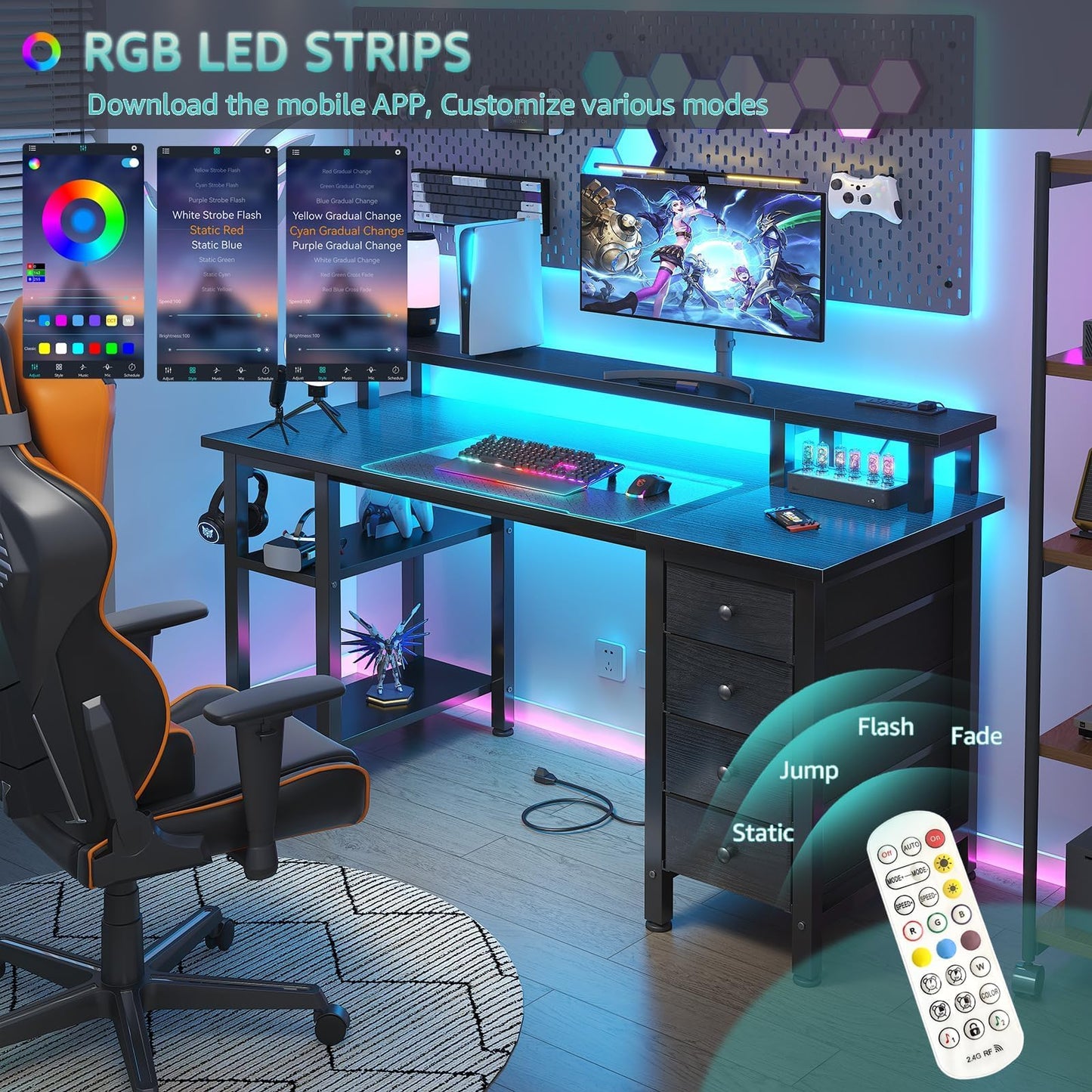 Lufeiya Black Gaming Desk with LED Lights and Power Outlets, 47 inch Computer Desk with Fabric Drawers and Storage Shelves, Home Office Desk with Monitor Stand, Black
