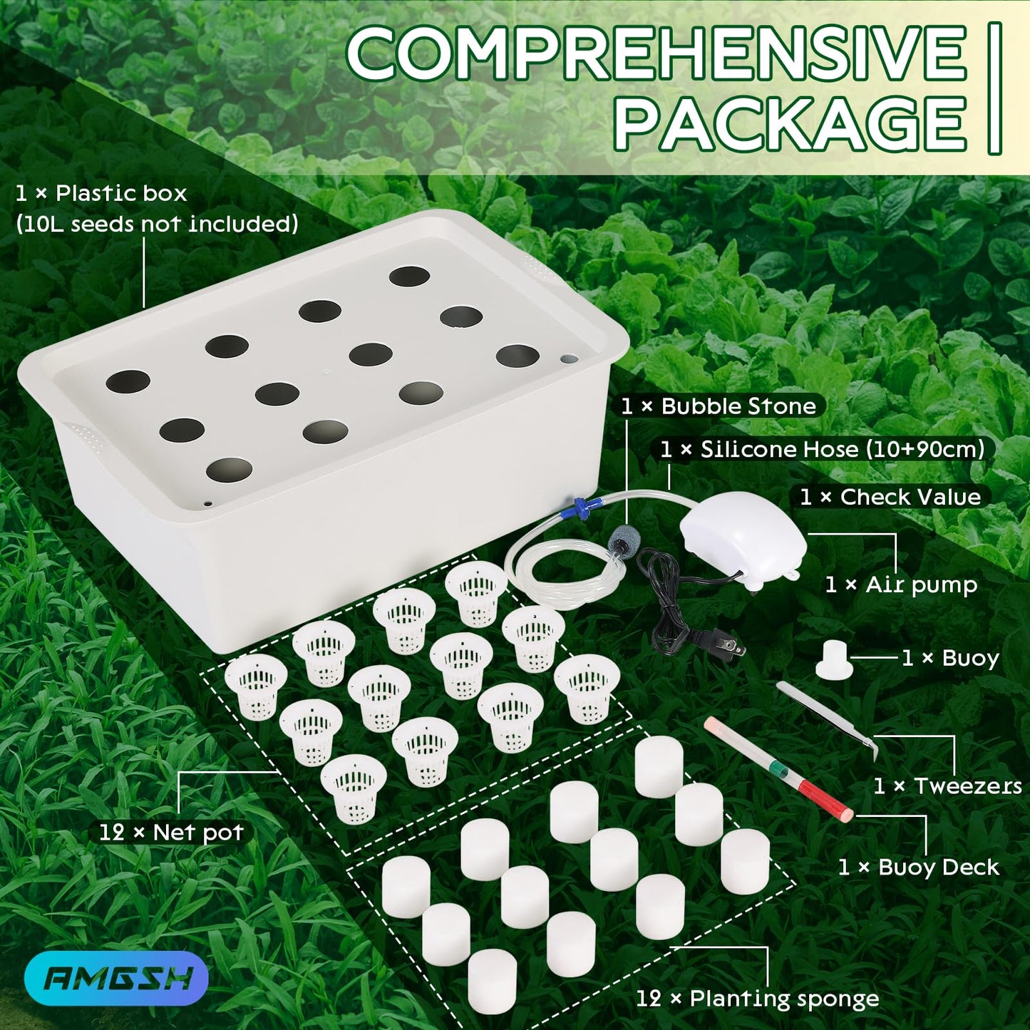 AMGSH Hydroponics Growing System Kit with Air Pump, Bubble Stone, 12-Hole Indoor Hydroponic System Grow Box, Indoor Gardening System & Hydroponic Kit Vegetable & Herb Garden Starter Kit