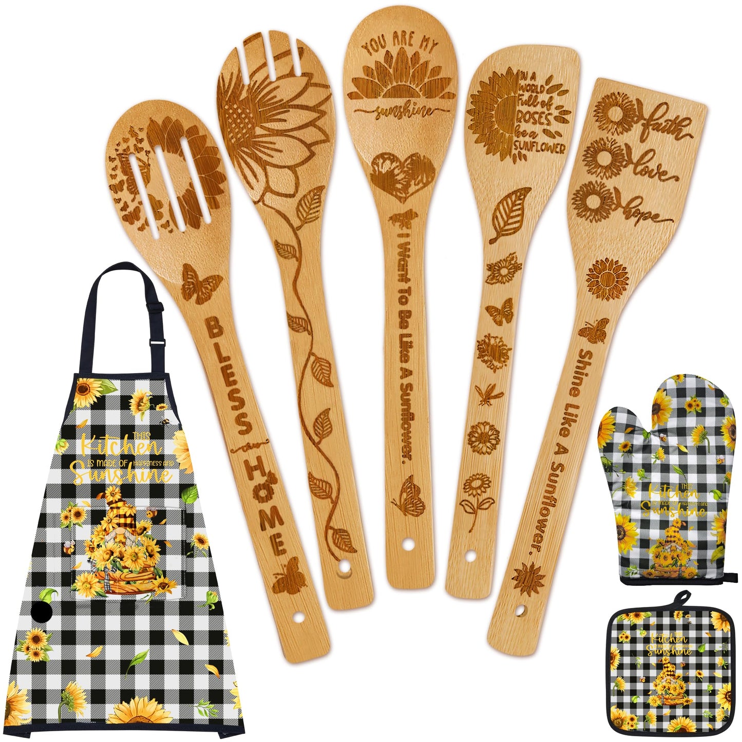 8PCS Sunflower Kitchen Bamboo Cooking Spoon Utensil Set with Apron Oven Mitt Pot Holder -Sunflower Themed Decor Gifts for Women,Mom,Housewarming,Christmas,Birthday Gift