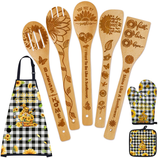 8PCS Sunflower Kitchen Bamboo Cooking Spoon Utensil Set with Apron Oven Mitt Pot Holder -Sunflower Themed Decor Gifts for Women,Mom,Housewarming,Christmas,Birthday Gift