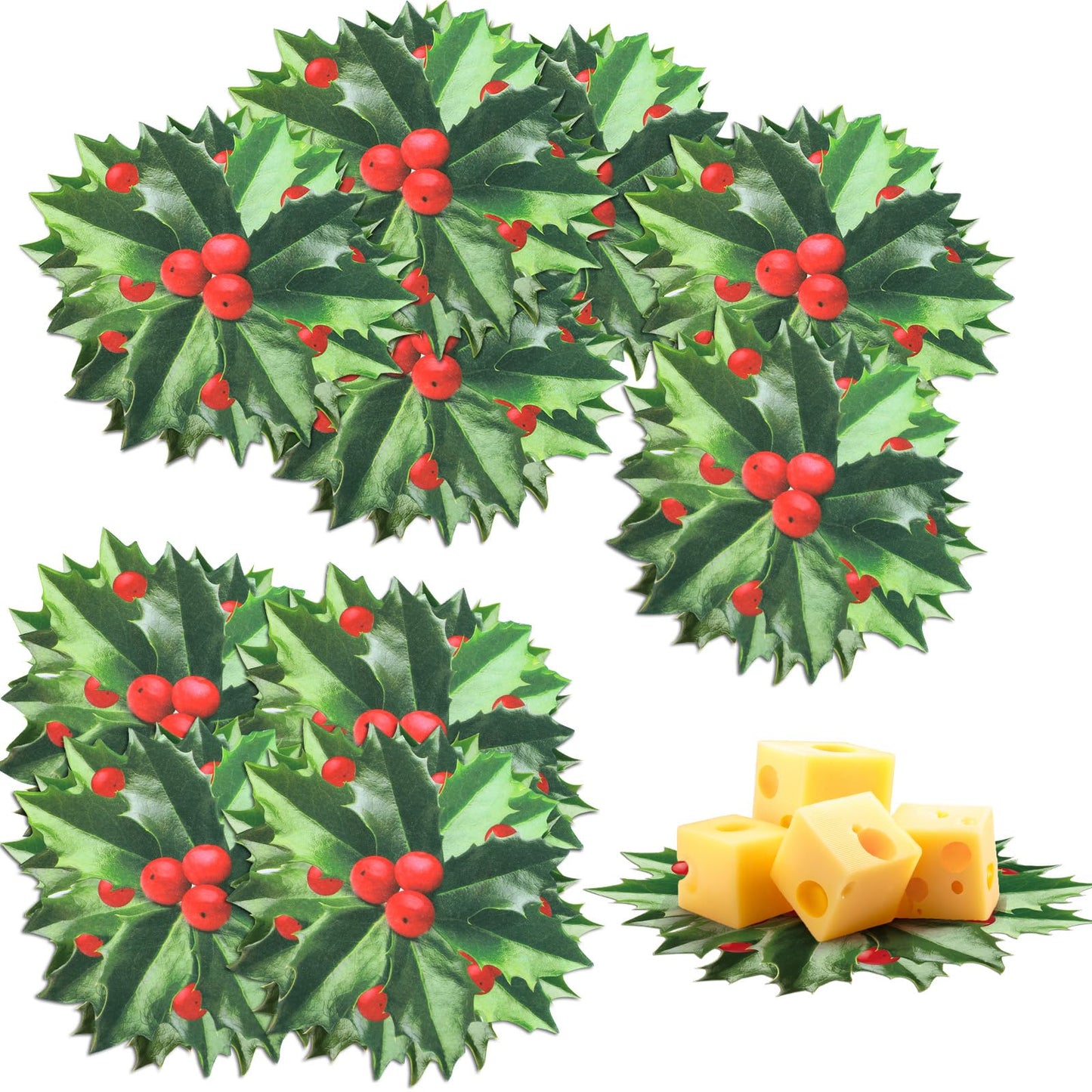 Trandraft 100 Pcs Christmas Parchment Paper Holly Berry Leaves Cheese Paper 6 Inch Double Sided Xmas Disposable Charcuterie Paper for Kitchen Holiday Party Decorations Table Plate Food Serving