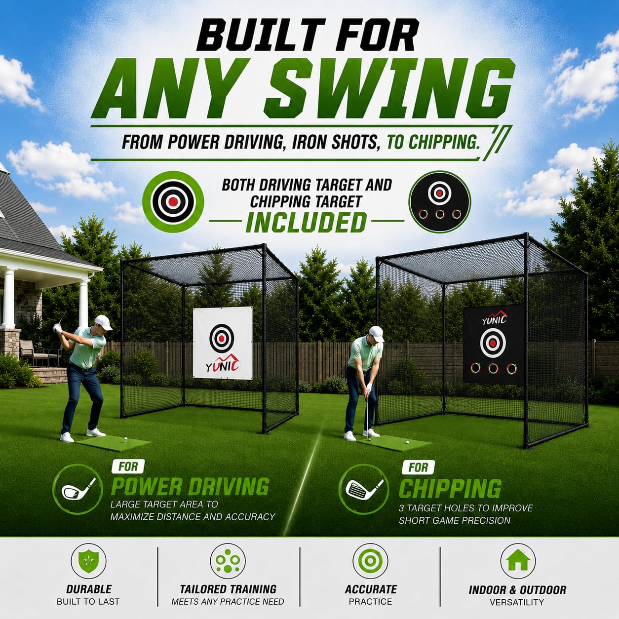 YUNIC Golf Driving Cage with Steel Frame, Golf Nets for Backyard Driving for Full Swing and Chipping Practice Indoor Outdoor (Black, 10'(W) x10'(H) x10'(D))