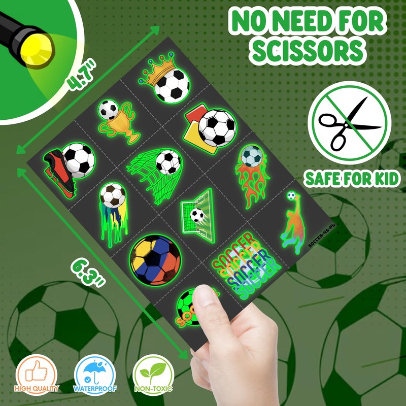 72 PCS Soccer Party Favors – 48 PCS Luminous Tattoos & 24 PCS LED Finger Lights Combo – Birthday Goodie Bag Fillers, Party Supplies, Gifts Light Up Toys Glow In The Dark for Boys and Girls (Soccer 1)