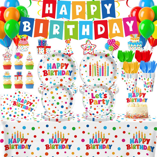 195 Pcs Birthday Party Supplies (Serves 24), Happy Birthday Party Dots Design Decorations Include Banner Hanging Plates Napkins Cups Forks Knifes Tablecloth Topper Balloons for Decorations