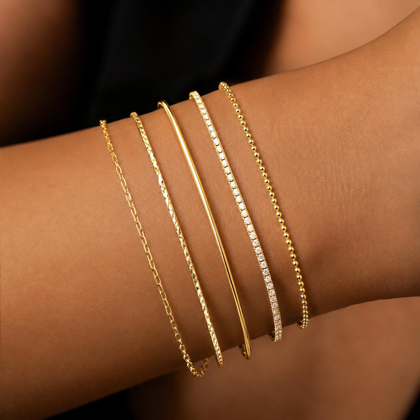 Gold Bracelets for Women 14K Gold Plated 5 Pcs Set - Dainty Stackable Waterproof Stainless Steel Jewelry - Minimalist Paperclip Beaded Tennis Bangle Bracelet Set for Women Gifts