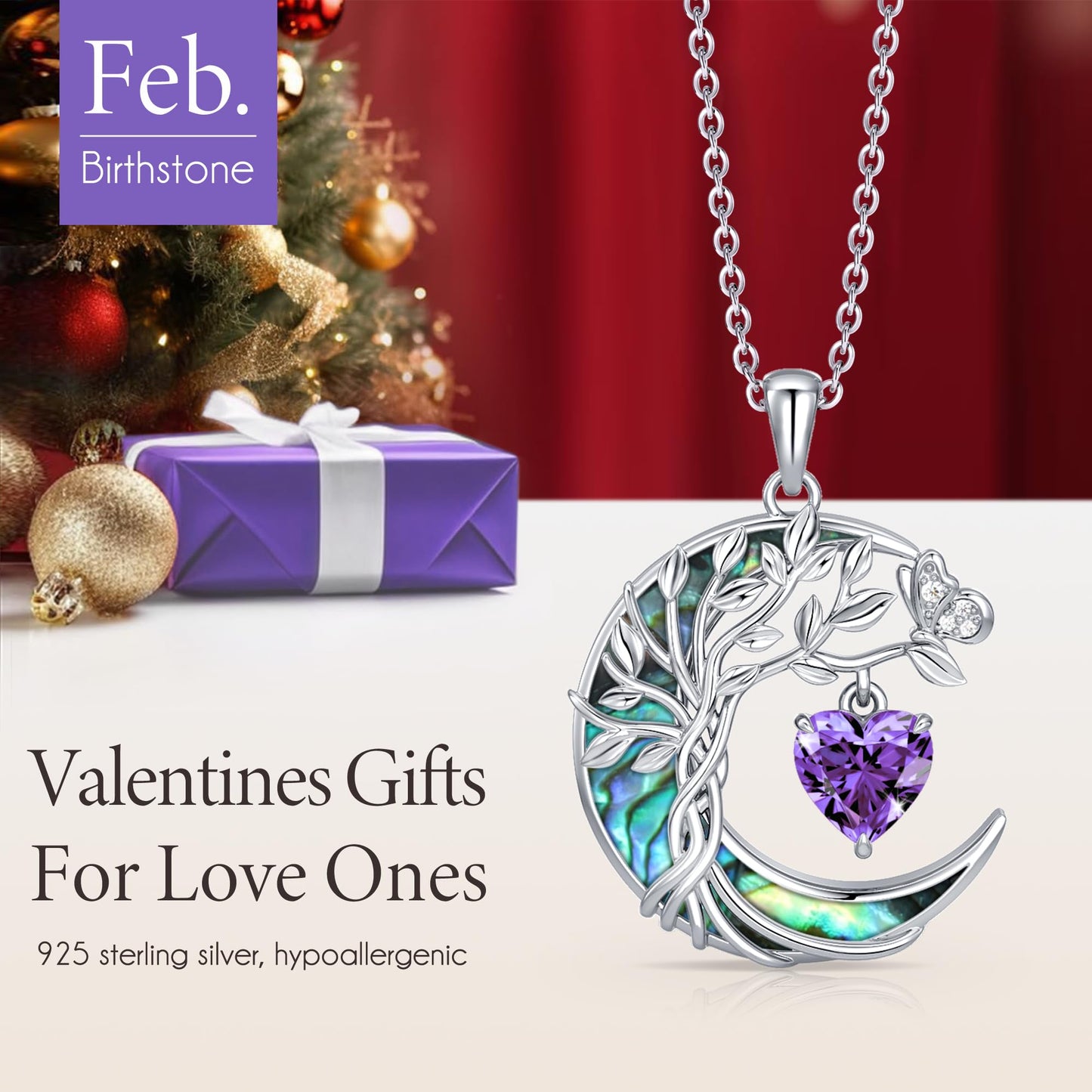 Distance Tree of Life Birthstone Necklace for Women, S925 Sterling Silver Premium Abalone Shell Moon Pendant February Heart Birthstone Necklace, Amethyst Jewelry Christmas Birthday Gifts for Her Wife