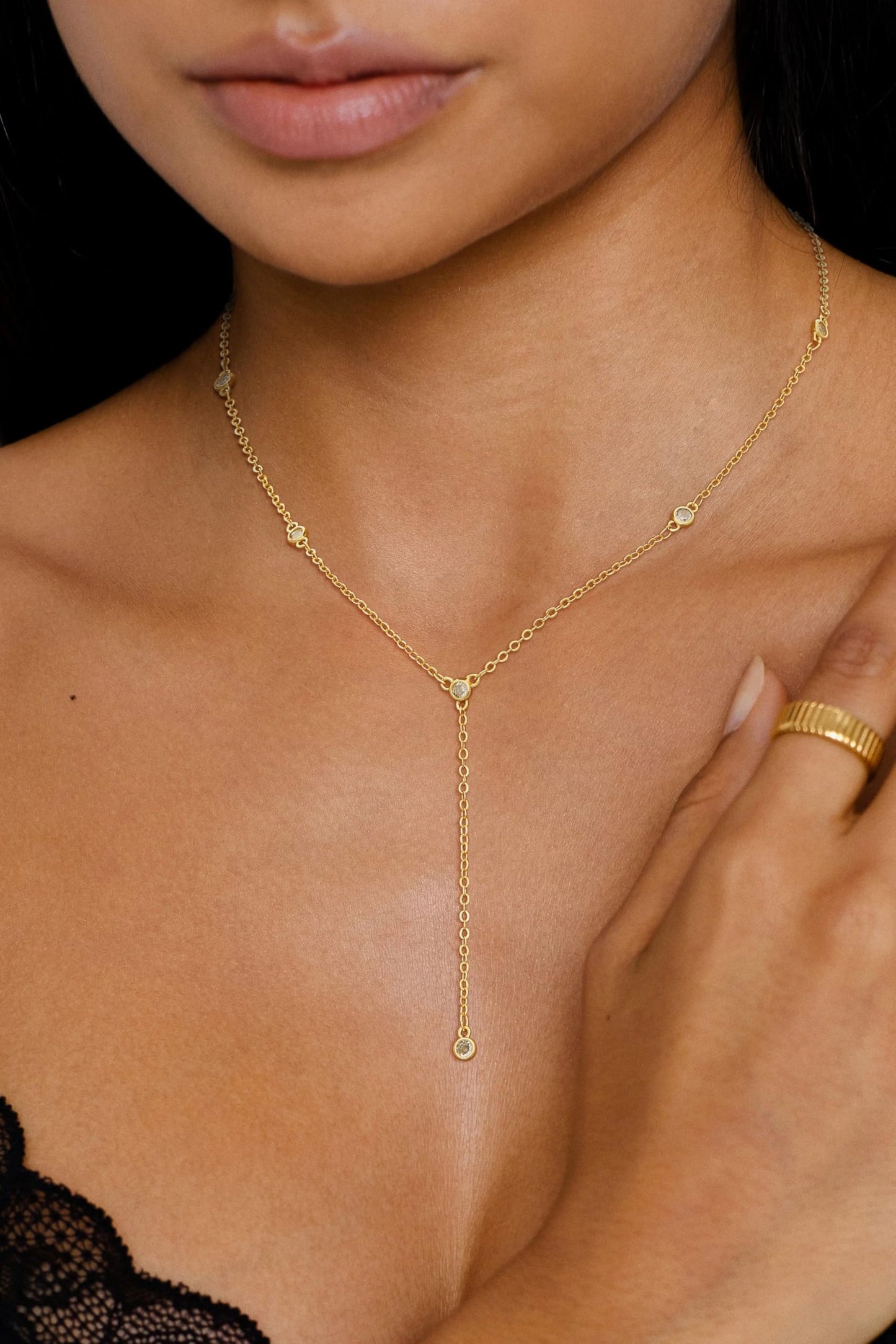 JIKASI Dainty Gold Necklaces for Women, Gold Long Necklace 14K Gold Plated CZ Drop Prom Bead Lariat Drop Chain Necklace Y-Shaped Station Chain Choker Trendy Wedding Jewelry Gifts