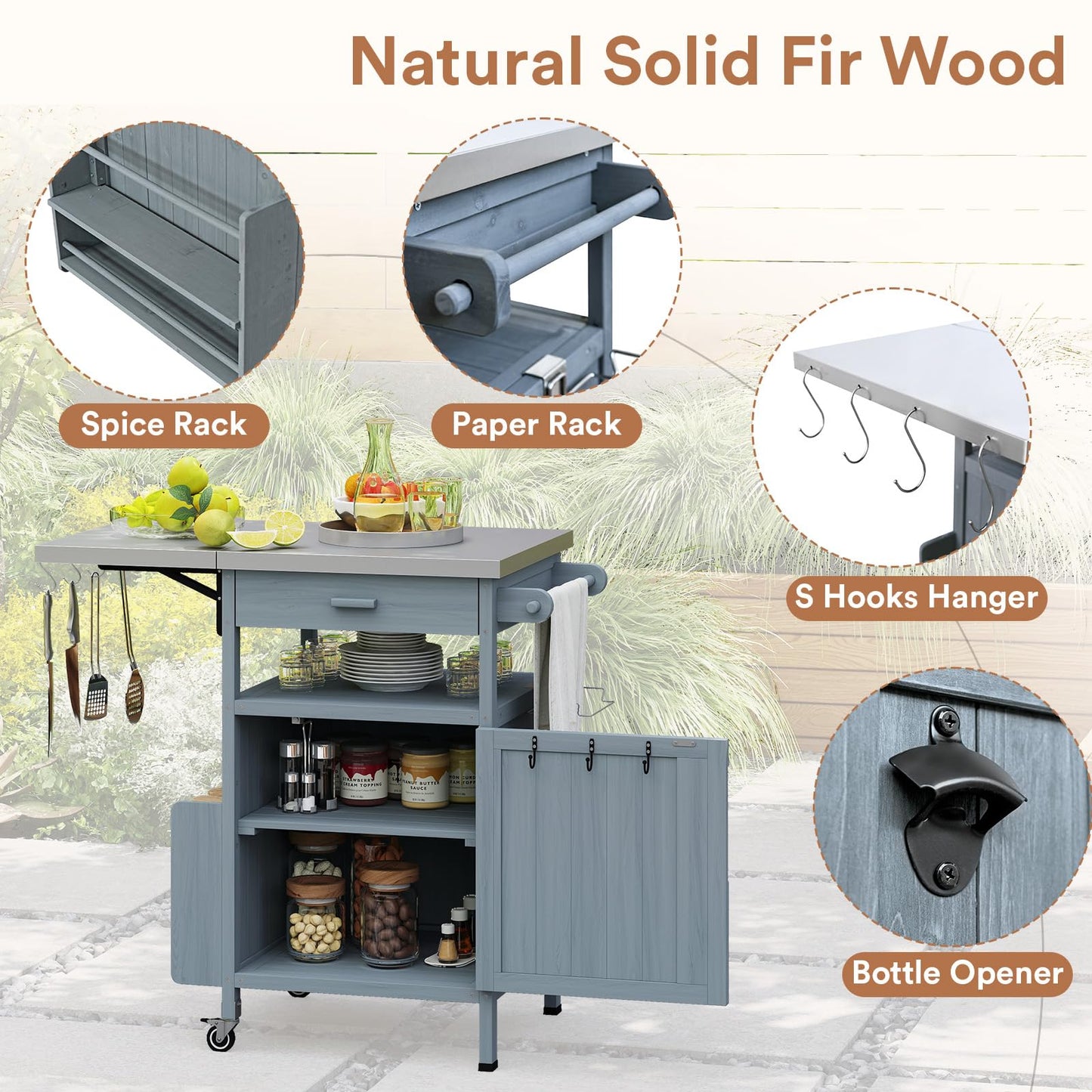 Zevemomo Outdoor Grill Cart with Drop Leaf, Stainless Steel Tabletop Outdoor Kitchen Island, Solid Wood Outdoor Buffet Cabinet with Drawer, Towel Rack, Lockable Wheels for Grilling, Gray-Blue