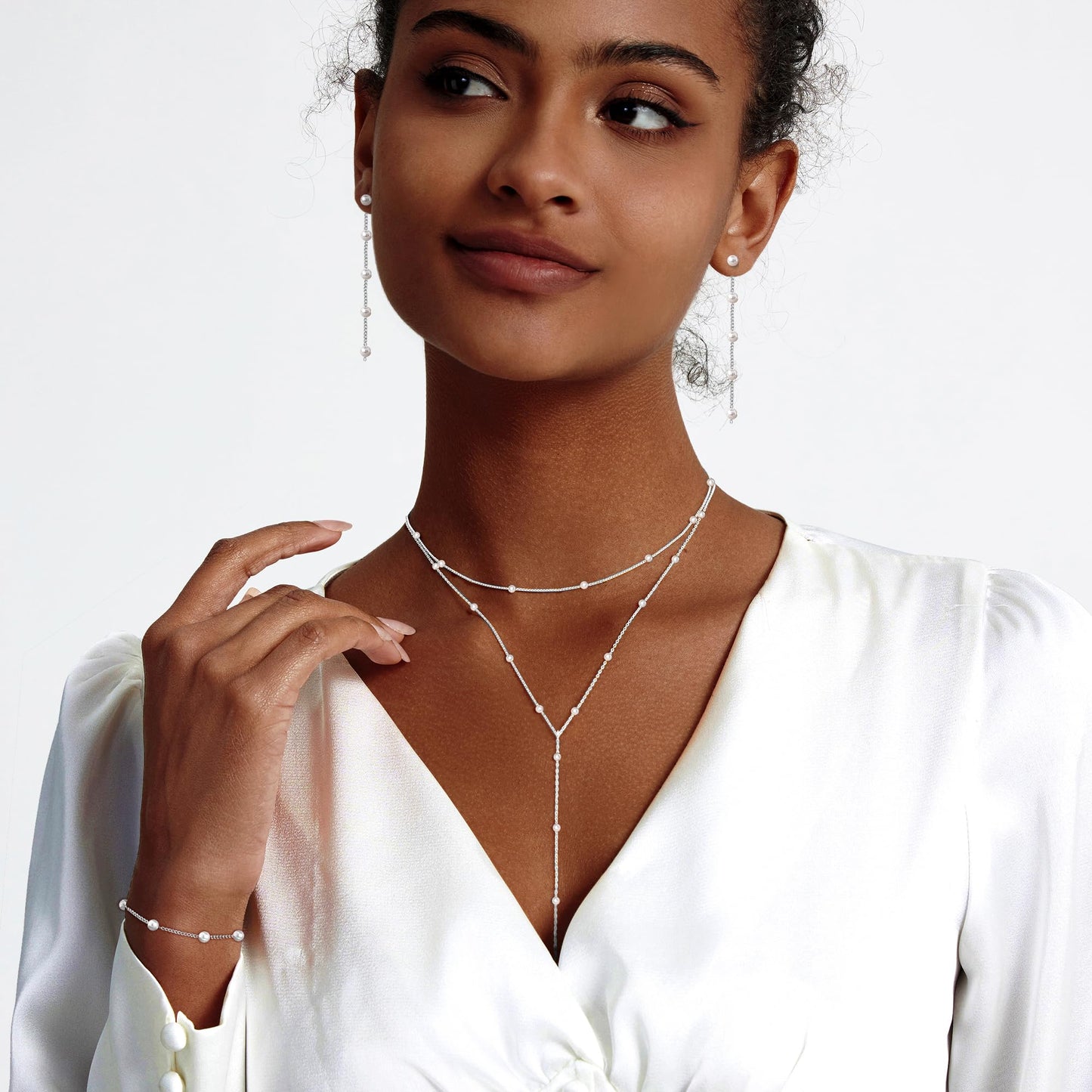 Zeffy Lariat Long Silver Necklace for Women Silver Jewelry Set Dainty Layered Pearl Y Necklaces Pearl Drop Earrings Bracelets Trendy Wedding Bride Jewelry Gift