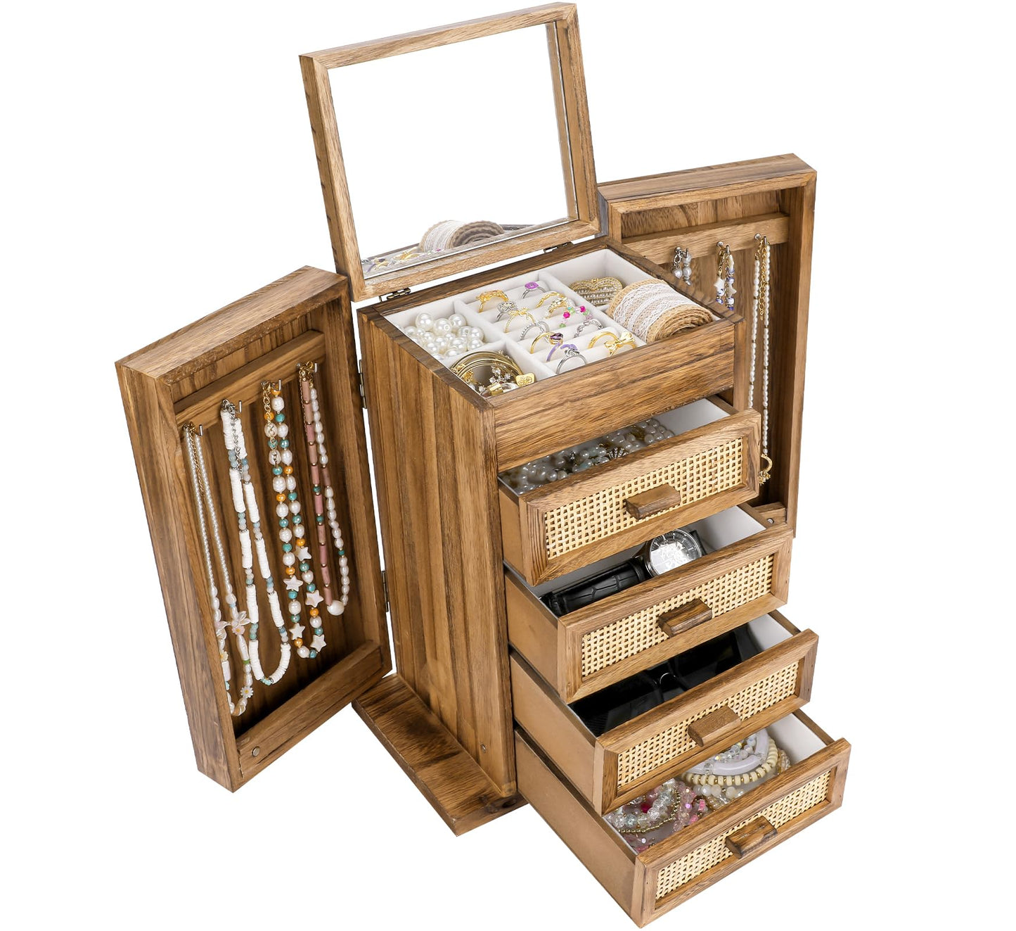 Jewelry Organizer, Rattan Jewelry Box, 5 Layer Wooden Jewelry Organizer Box with Mirror, Jewelry Boxes with 4 Drawers for Women Men, Jewelry Storage for Rings Earrings Necklaces Bracelets Watch