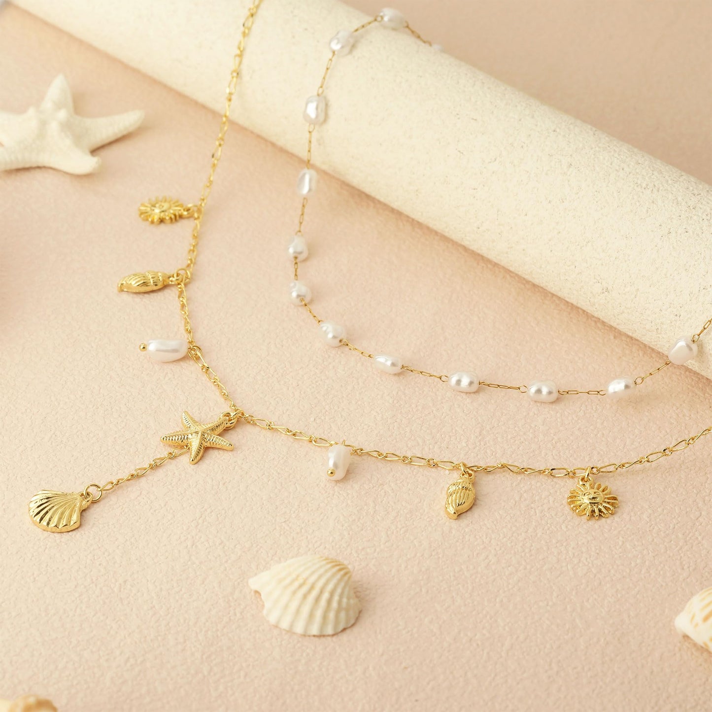 JALZEMPL Shell Charm Necklace For Women Stack Seashell Pearl Dainty Starfish Beach Layered 14k Gold Plated Pendant Summer Boho Jewelry Gifts (Style A)