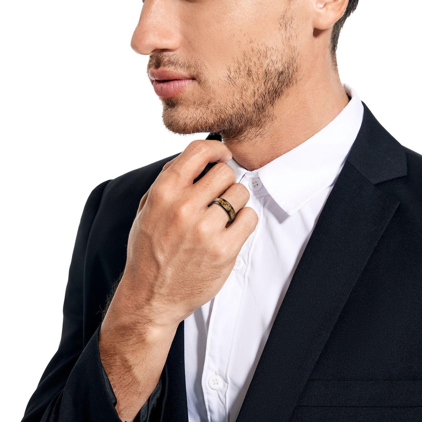NUNCAD Men's Tungsten Rings 8mm Black Wedding Band Inlaid with Citrine Center Polished Domed Comfort Fit Size 12