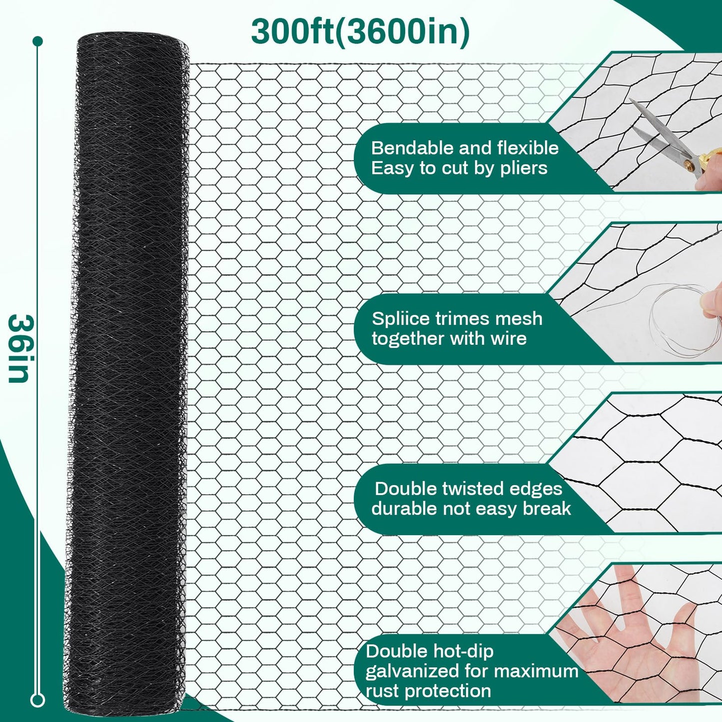 GlikCeil 36 in x 300 ft Chicken Wire Mesh Fencing for Floral Garden, 23 Gauge Black Galvanized Steel Wire, 1 Inch Hexagonal Hardware Cloth Netting for Farm Crafts Poultry Coop Barrier Rabbit Cage