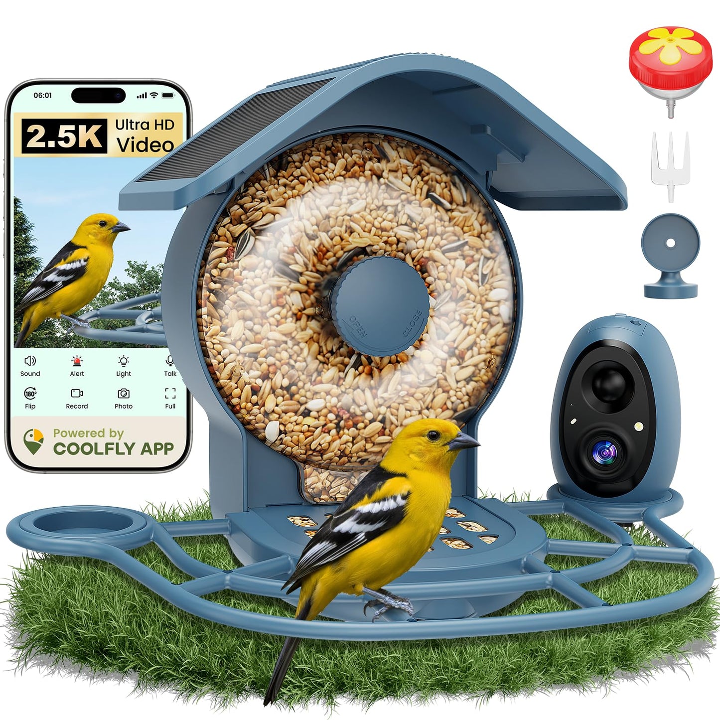 HIXX Smart Bird Feeder with Camera Solar Powered, 2.5K HD Vertical/Horizontal View, Lifetime Free AI Bird Identify, Detachable 1.8L Seed Bin for Easy Cleaning, Wireless Outdoor, Gift for Birding Lover