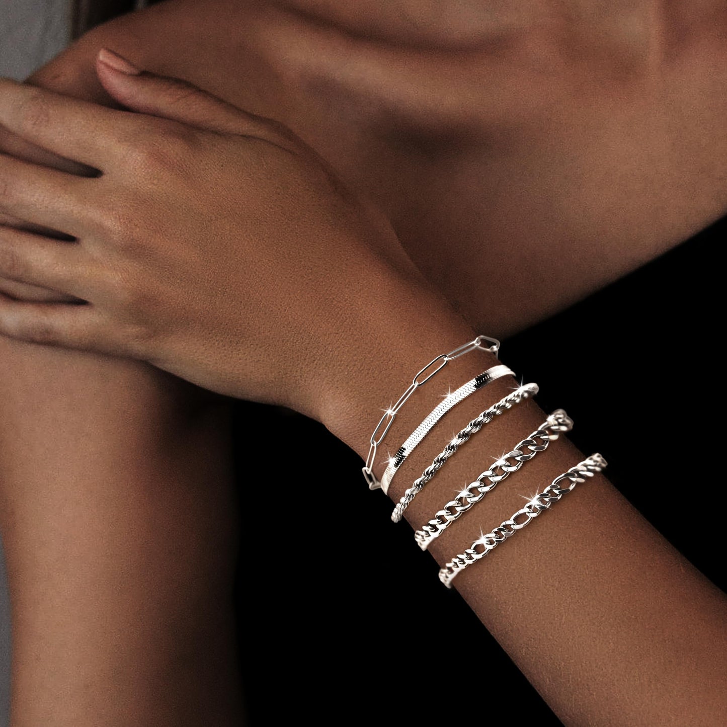 Poxtex Dainty Silver Bracelets for Women, Silver Bracelet Set Waterproof,Trendy Silver Bracelet Set StackableSimple Cuban Snake Rope Paperclip Chain Bracelet Jewelry Gifts for Women