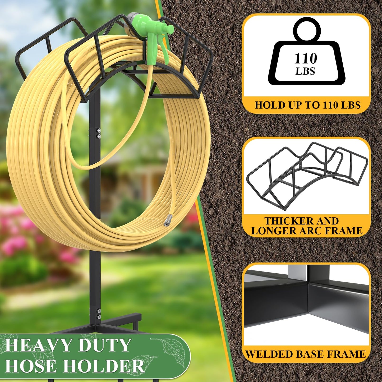 Qatsrin Super Stable Garden Hose Holder, Removable Water Hose Holders Stand Holds 150-Feet Hose, Detachable Hose Storage Hanger Rack for Outside Yard Lawn Farm, Black