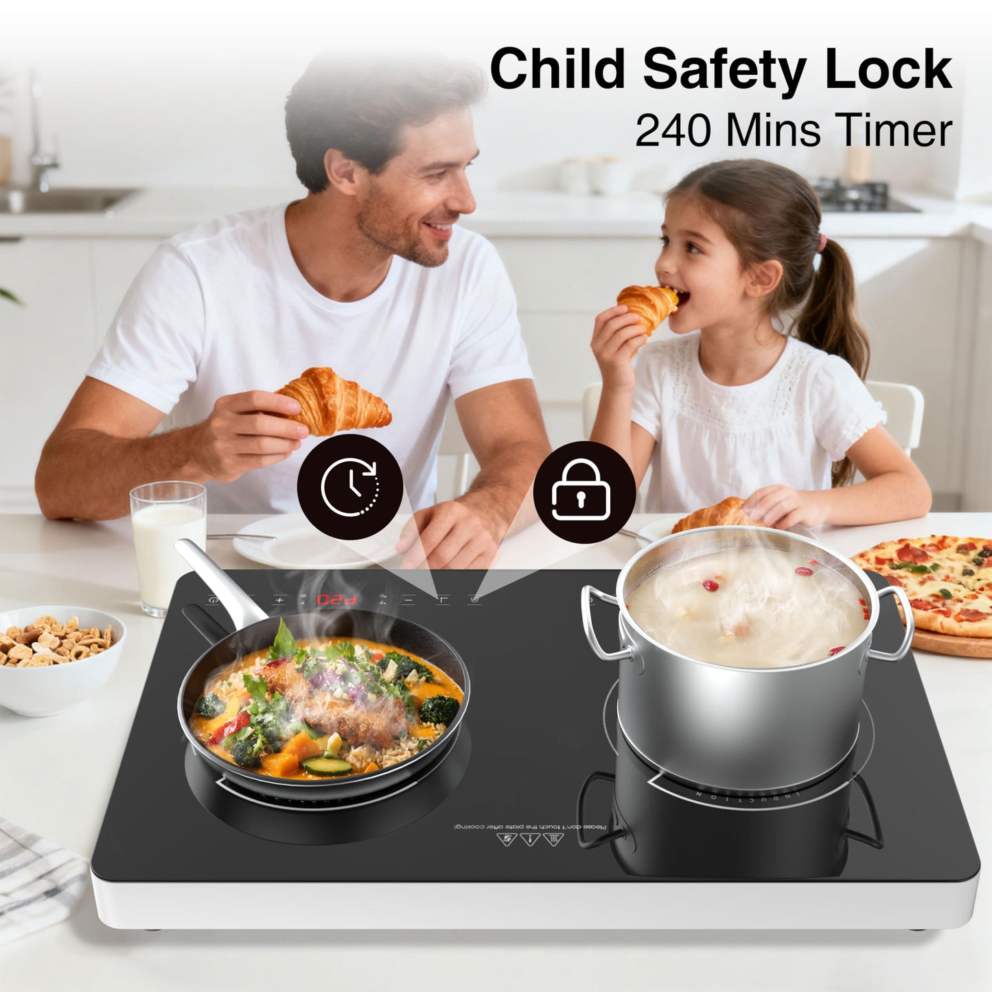Double Induction Cooktop, 2 Burner Induction Burner 20 Temperature & Power Levels Portable Electric Stove Countertop Burners, Knob Control, Child Safety Lock & 4H Timer, Auto Shut-Off