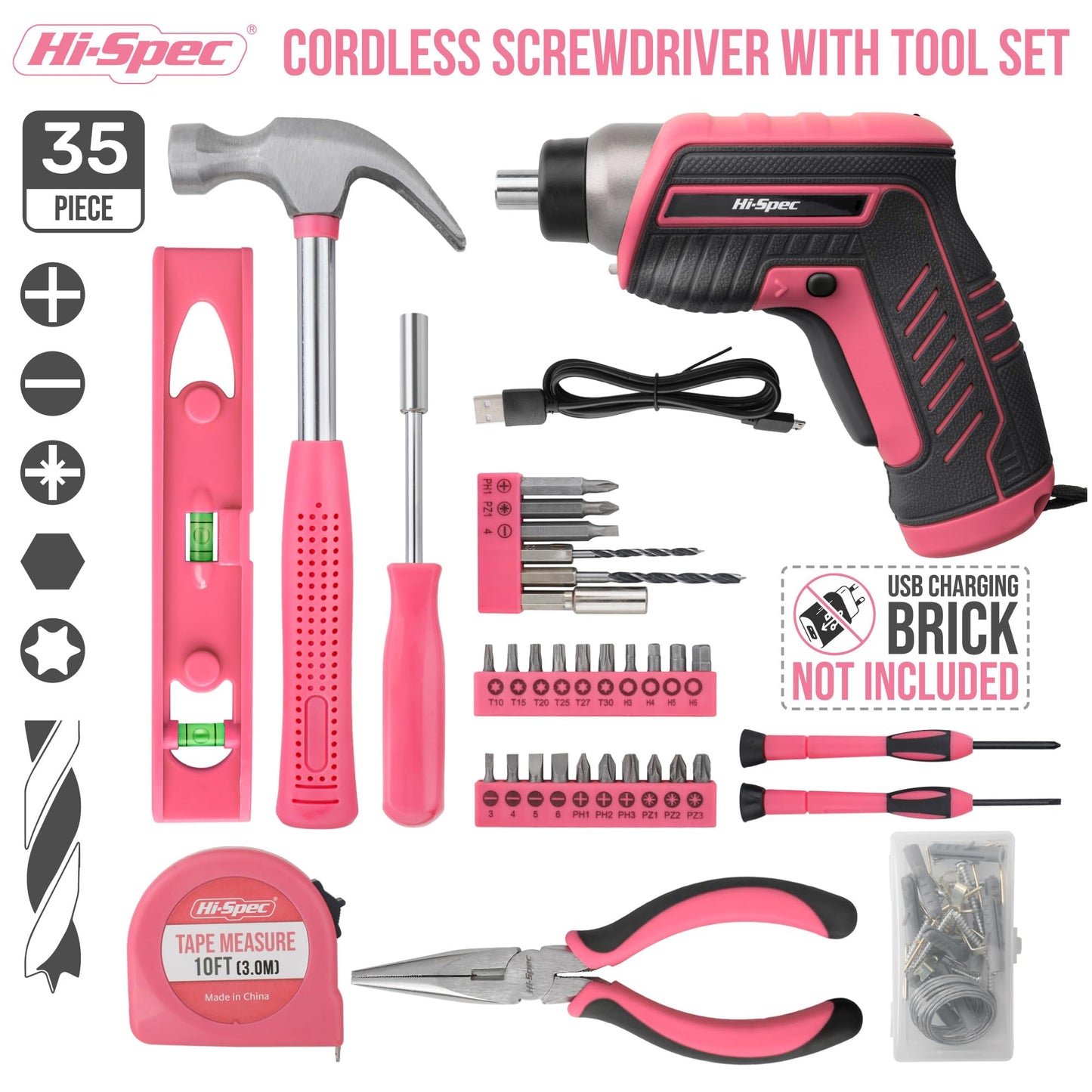 Hi-Spec 35-Piece Tool Kit with 3.6V USB Small Electric Screwdriver Set, Pink Drill Set for Women, Tool Kit for Home