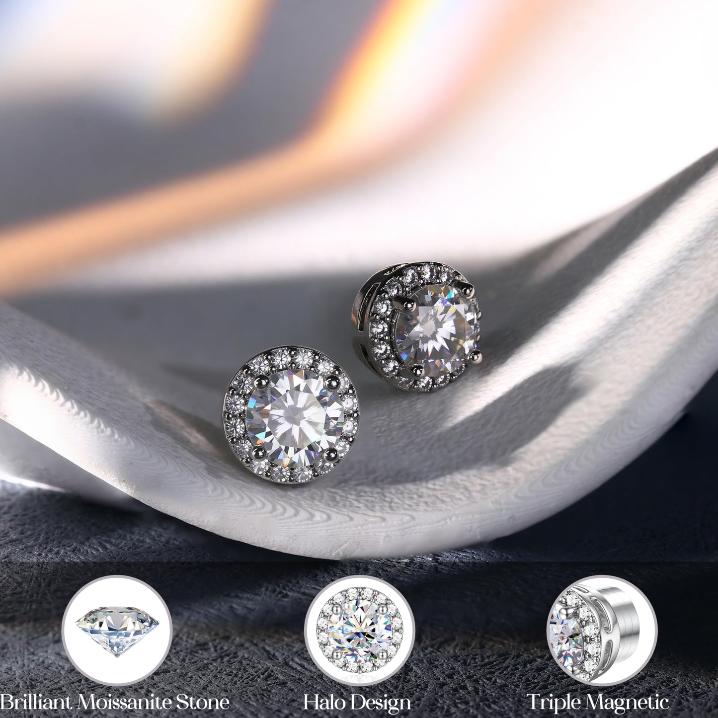GEMQUEEN Moissanite Magnetic Earrings for Men Women : Hypoallergenic 14K White Gold Plated Stainless Steel Non Piercing Fake Earrings Studs Halo Round D Color VVS1