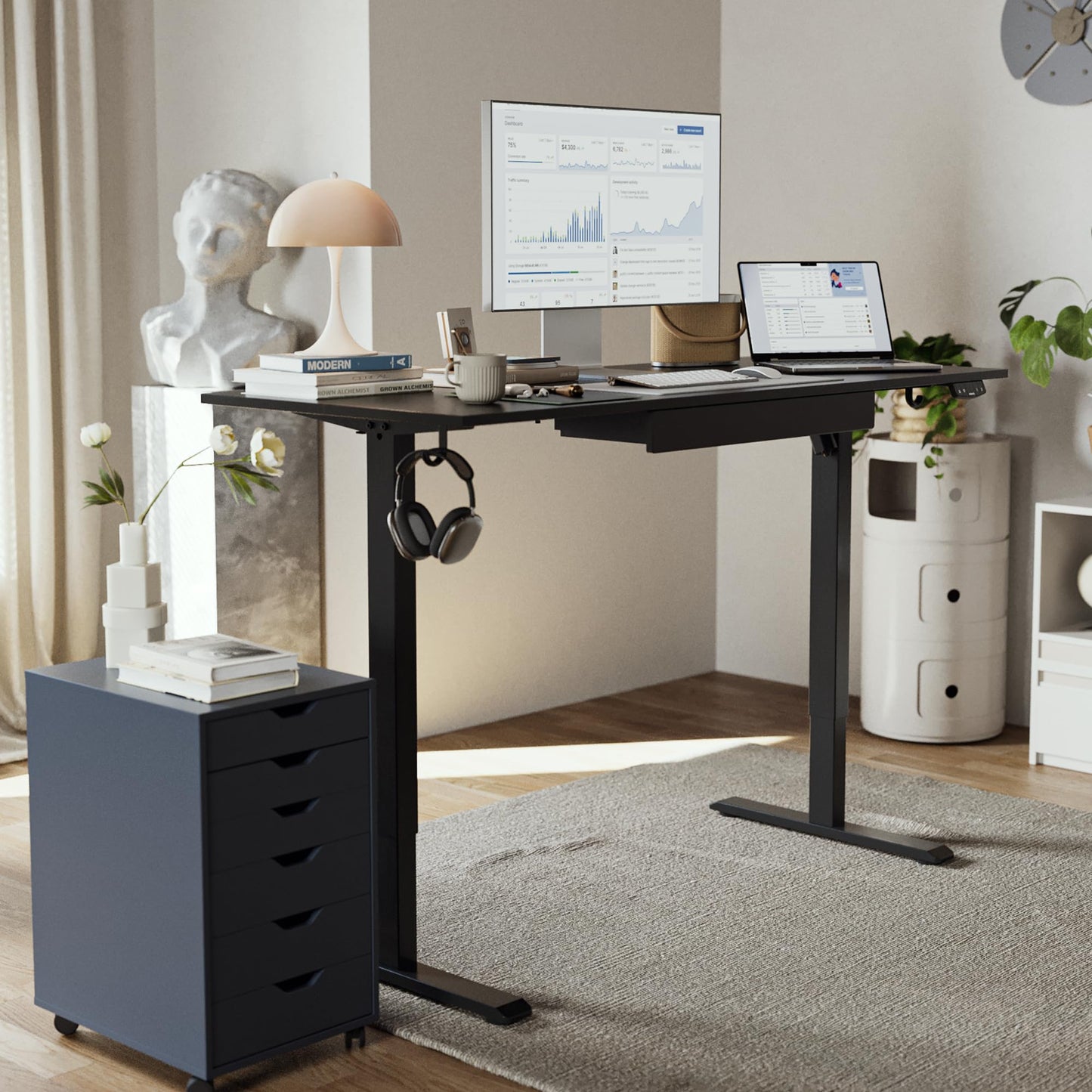 Agilestic Electric Standing Desk with Integrated Drawer, Height Adjustable Desk, Ergonomic Rising 48"x24" Wooden Desk, Sit-Stand Workstation with Memory Presets for Work Home Office, Black