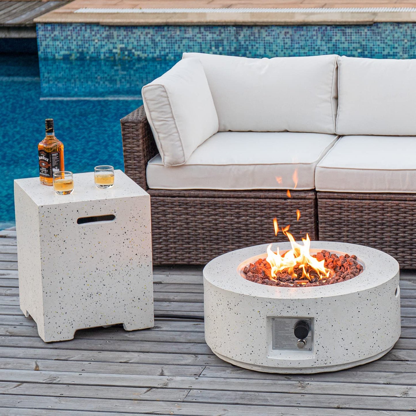 COSIEST 2-Piece Outdoor Propane Fire Pit Table Set w Tank Table, 28" Terrazzo Round Fire Table (Certified, 40,000 BTU) w 16" Tank Cover Side Table 20lb, Waterproof Cover for Garden, Pool, Backyard