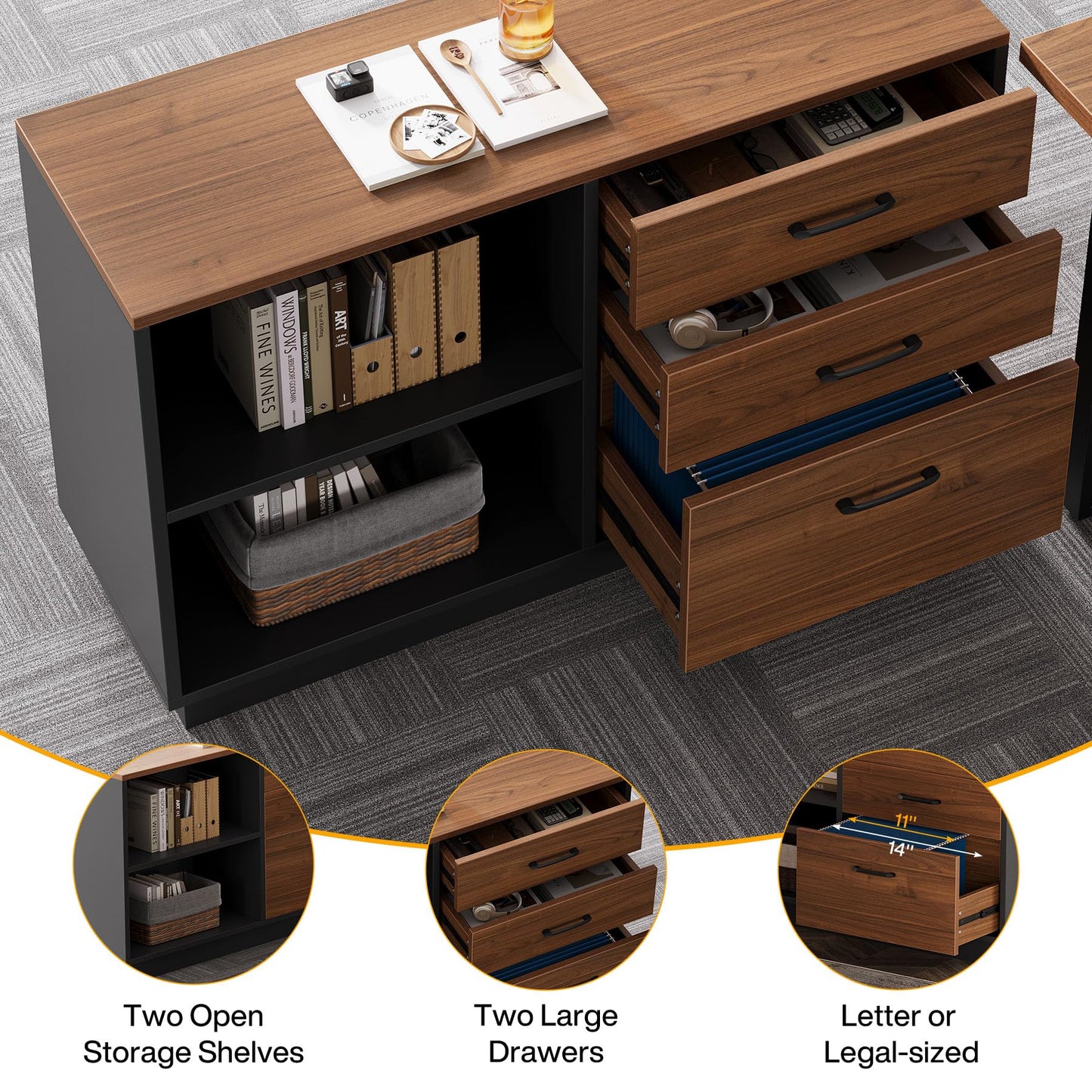 Tribesigns 63‘’ L-Shaped Executive Desk, Office Table with 47-Inch Drawers Cabinet, Large Computer Desk with Storage Shelves, Business Furniture Set for Home Office, Brown & Black