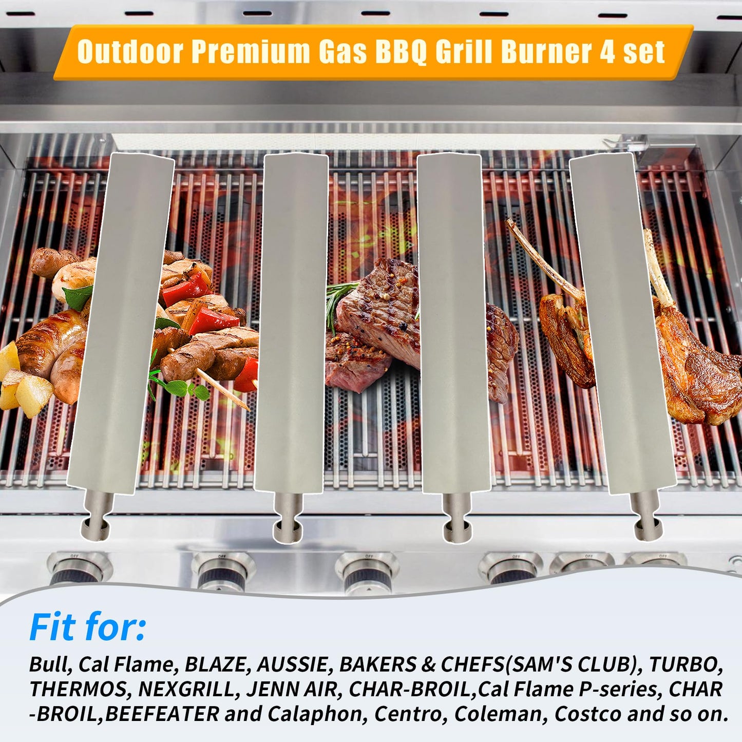 Fenluqi 4-Set 15 3/4 Heavy Duty Cast 304 Stainless Steel Grill Burners for Bull, Premium Outdoor Bull BBQ Gas Grill Replacements Parts for Cal Flame P-Series, Aussie, Thermos, Turbo, Beefeater
