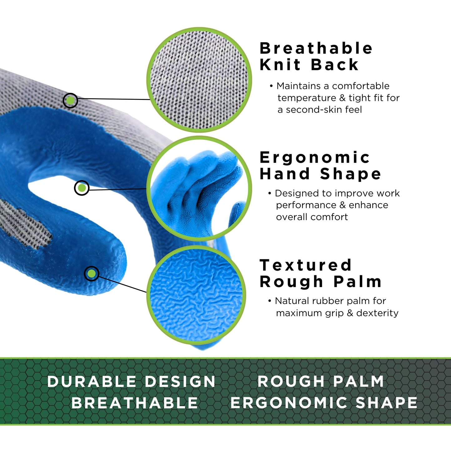 SHOWA Atlas 300 Original 1994 Crinkle Grip Work Gloves, Natural Latex Palm, Heavy Duty 10-Gauge for Construction, Landscaping, Gardening, & Masonry, Blue, Small, 1-Pair