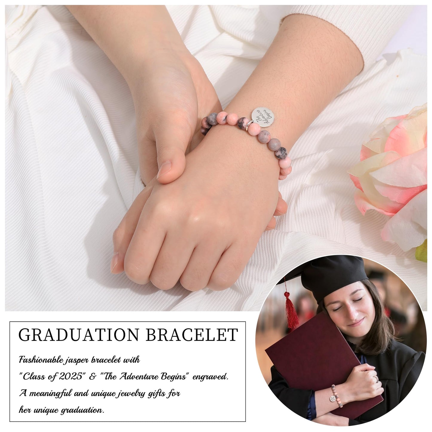 Sistble Graduation Bracelet 8th Grade Graduation Gifts Class of 2026 Cute Granddaughter Bracelet Inspirational Gifts for Women Nature Stone Beaded Round Tag Jewelry