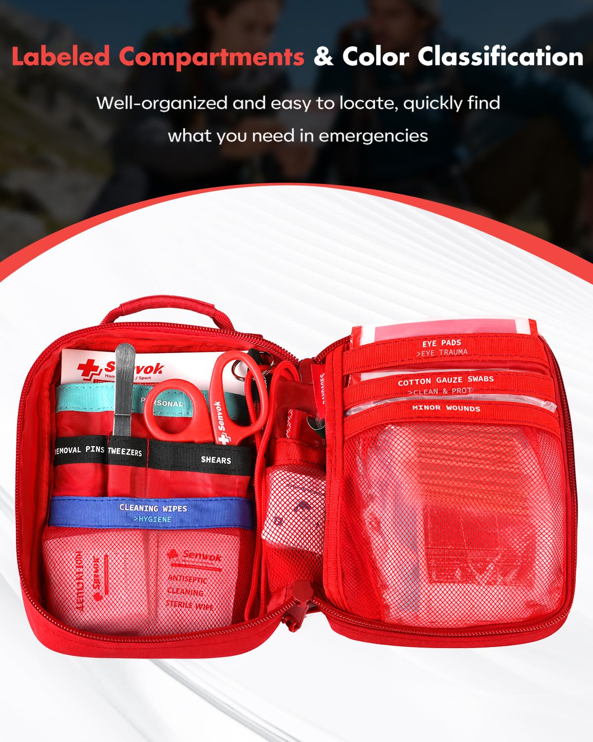 Senvok 121 Pcs First Aid Kit for Car, Home & Travel - Emergency Survival Kit with Zip Stitch Wound Closure and Molle Pack Pockets - Ideal for Camping, Hiking, Outdoor Adventures