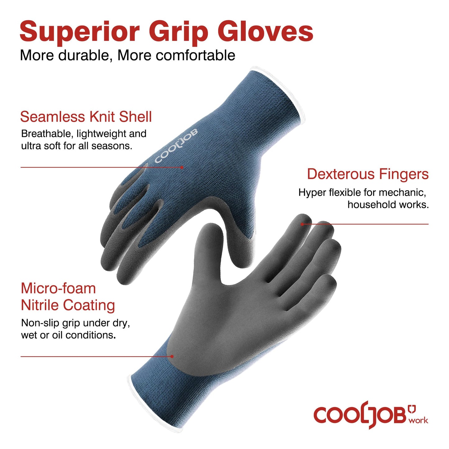 COOLJOB Micro-Foam Nitrile Safety Work Garden Gloves with Touchscreen Fingers, 6 Pairs Lightweight Working Gloves for Men’s Sweaty Hands, Non-slip Coated Grip Fits Most Tasks, Large, Blue & Black